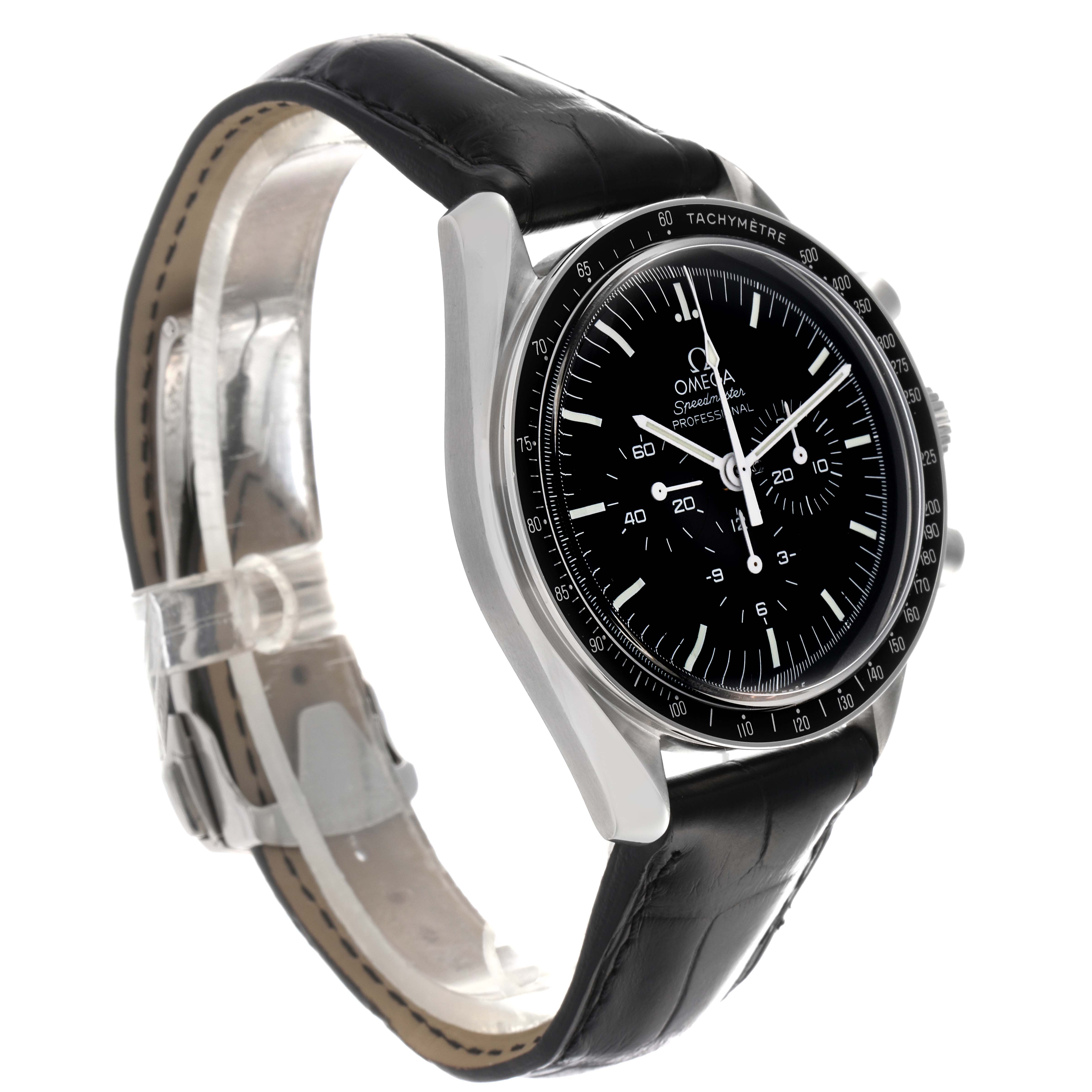 The Omega Speedmaster 3870.50.31 Men's Stainless Steel Black Dial 3870.50.31 Men's Stainless Steel Black Dial watch is shown from a front-side angle, highlighting the dial, bezel, case, and black leather strap.
