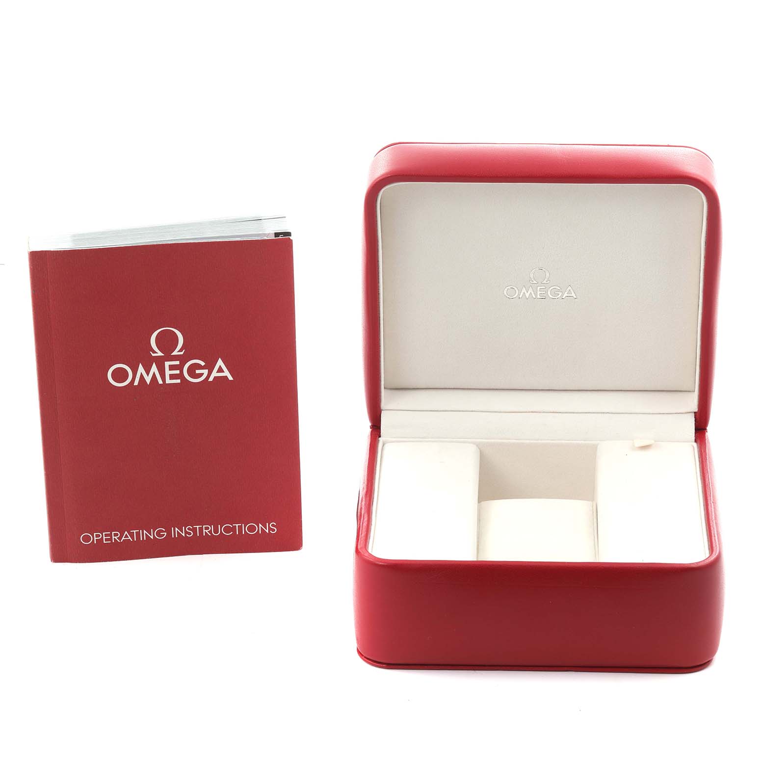 The image shows an open Omega Speedmaster 3870.50.31 Men's Stainless Steel Black Dial 3870.50.31 Men's Stainless Steel Black Dial watch box and its operating instructions from a front angle.