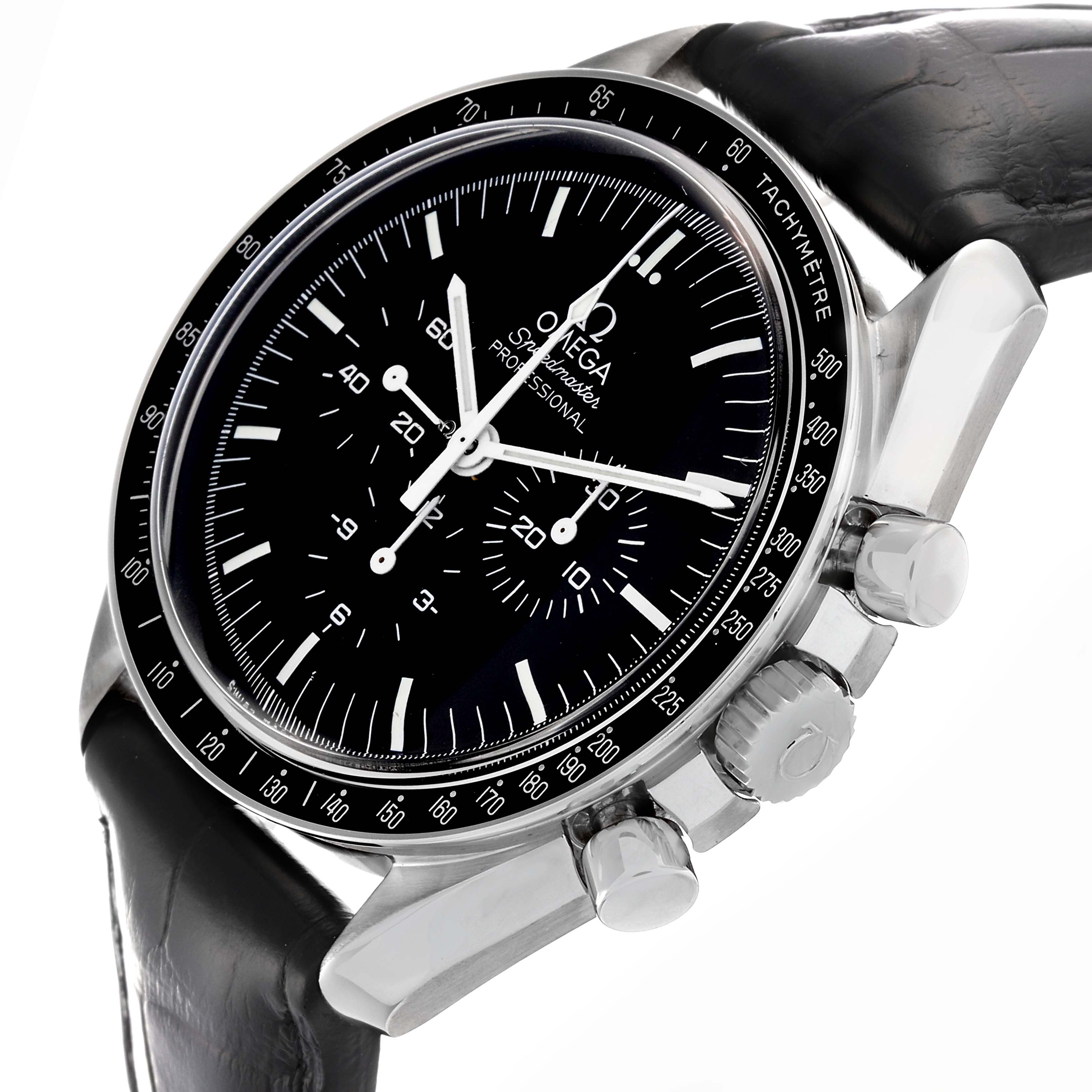 The Omega Speedmaster 3870.50.31 Men's Stainless Steel Black Dial 3870.50.31 Men's Stainless Steel Black Dial watch is shown at an angled view, highlighting the dial, tachymeter bezel, and pushers on the side.
