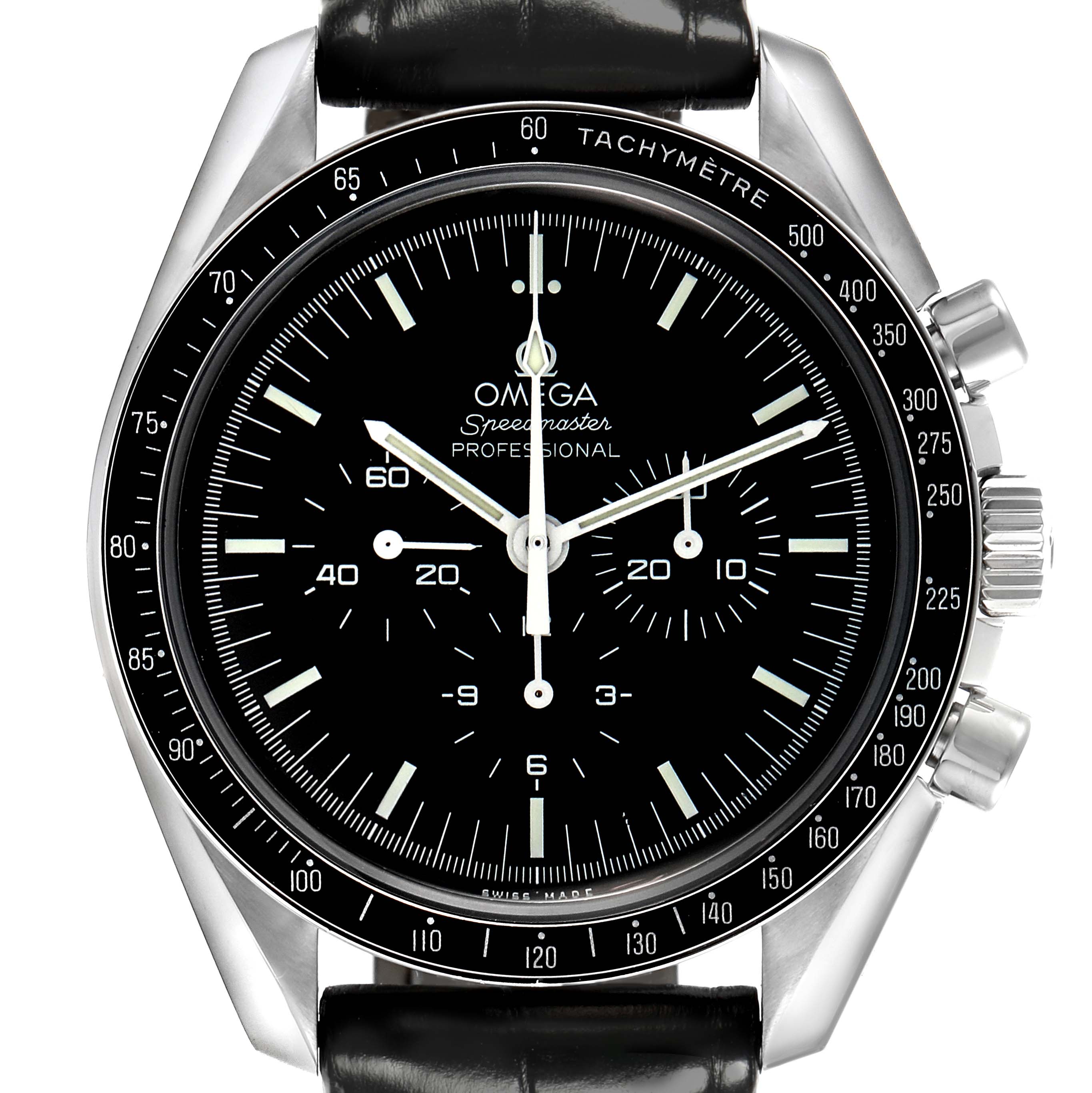 The Omega Speedmaster 3870.50.31 Men's Stainless Steel Black Dial 3870.50.31 Men's Stainless Steel Black Dial watch is shown from the front, highlighting the dial, tachymeter bezel, sub-dials, and pushers.