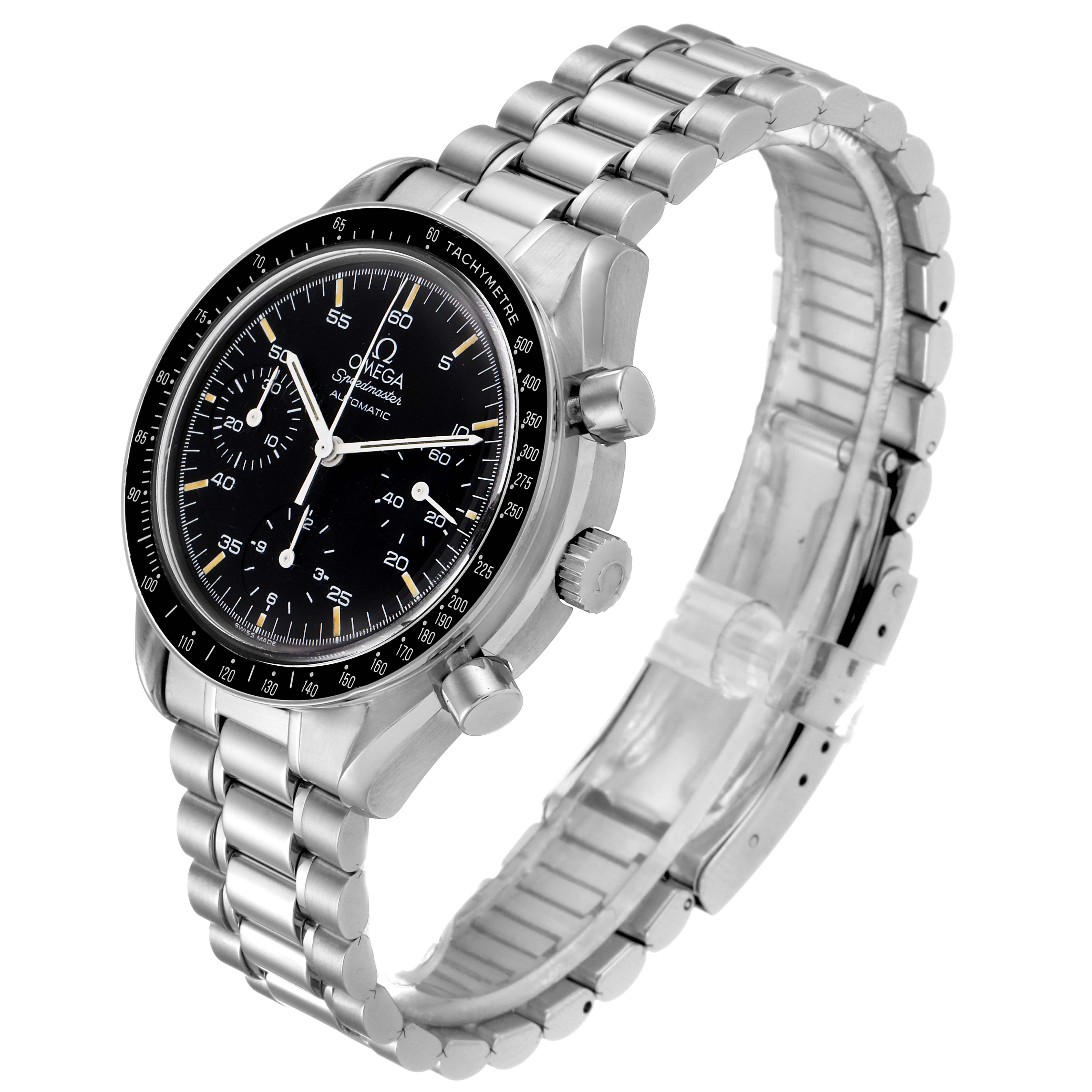 The Omega Speedmaster 3510.50.00 Men
s Stainless Steel Black Dial 3510.50.00 Men
s Stainless Steel Black Dial watch is shown at a three-quarter angle, displaying the dial, bezel, crown, pushers, and bracelet.