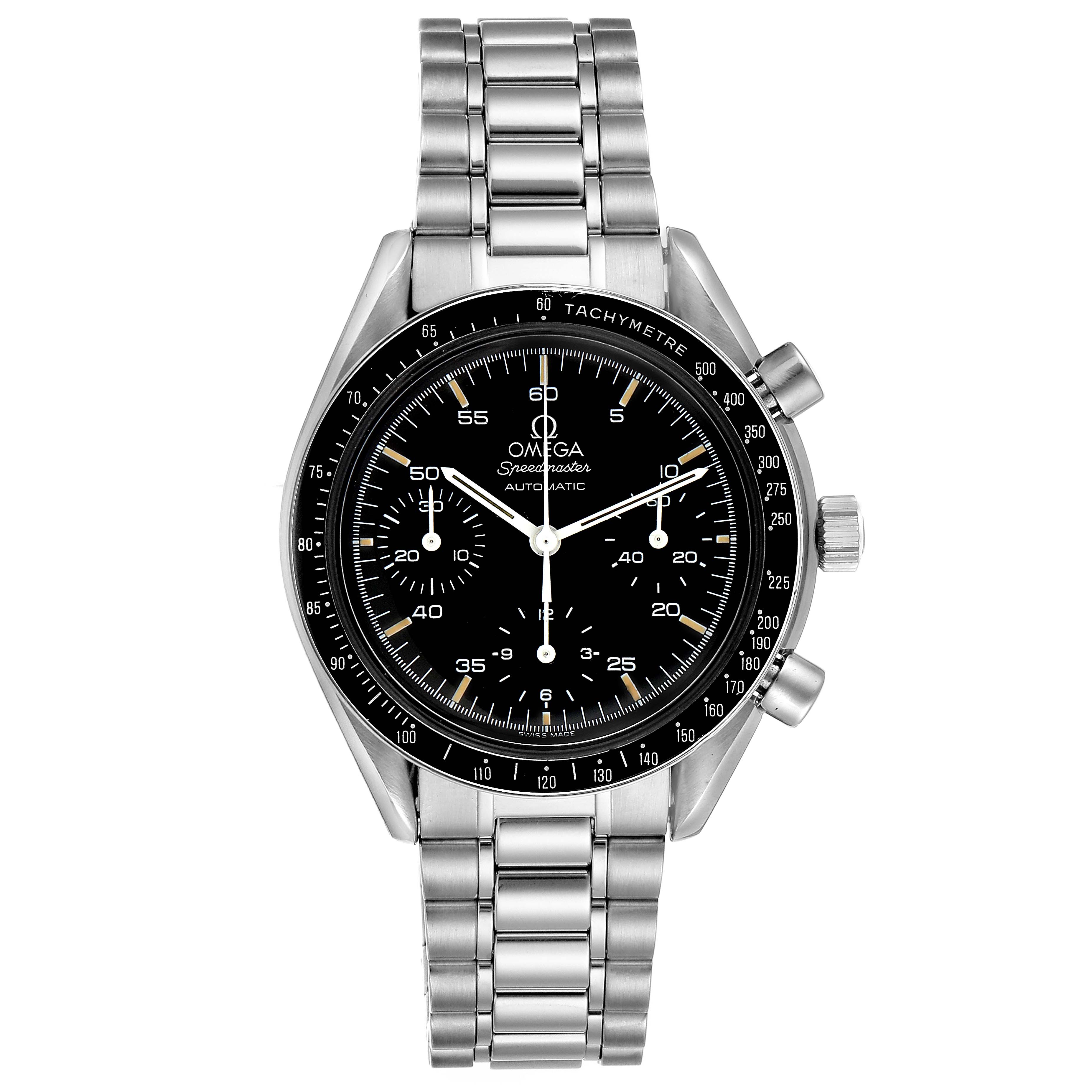 The image shows a front view of the Omega Speedmaster 3510.50.00 Men
s Stainless Steel Black Dial 3510.50.00 Men
s Stainless Steel Black Dial watch, highlighting its black dial, tachymeter bezel, and stainless steel bracelet.