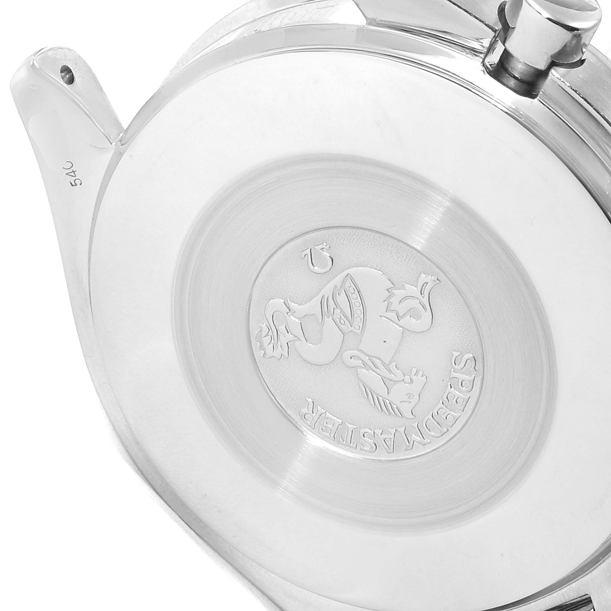 The image shows the case back of an Omega Speedmaster 3510.50.00 Men
s Stainless Steel Black Dial 3510.50.00 Men
s Stainless Steel Black Dial watch, highlighting the engraved logo and text.