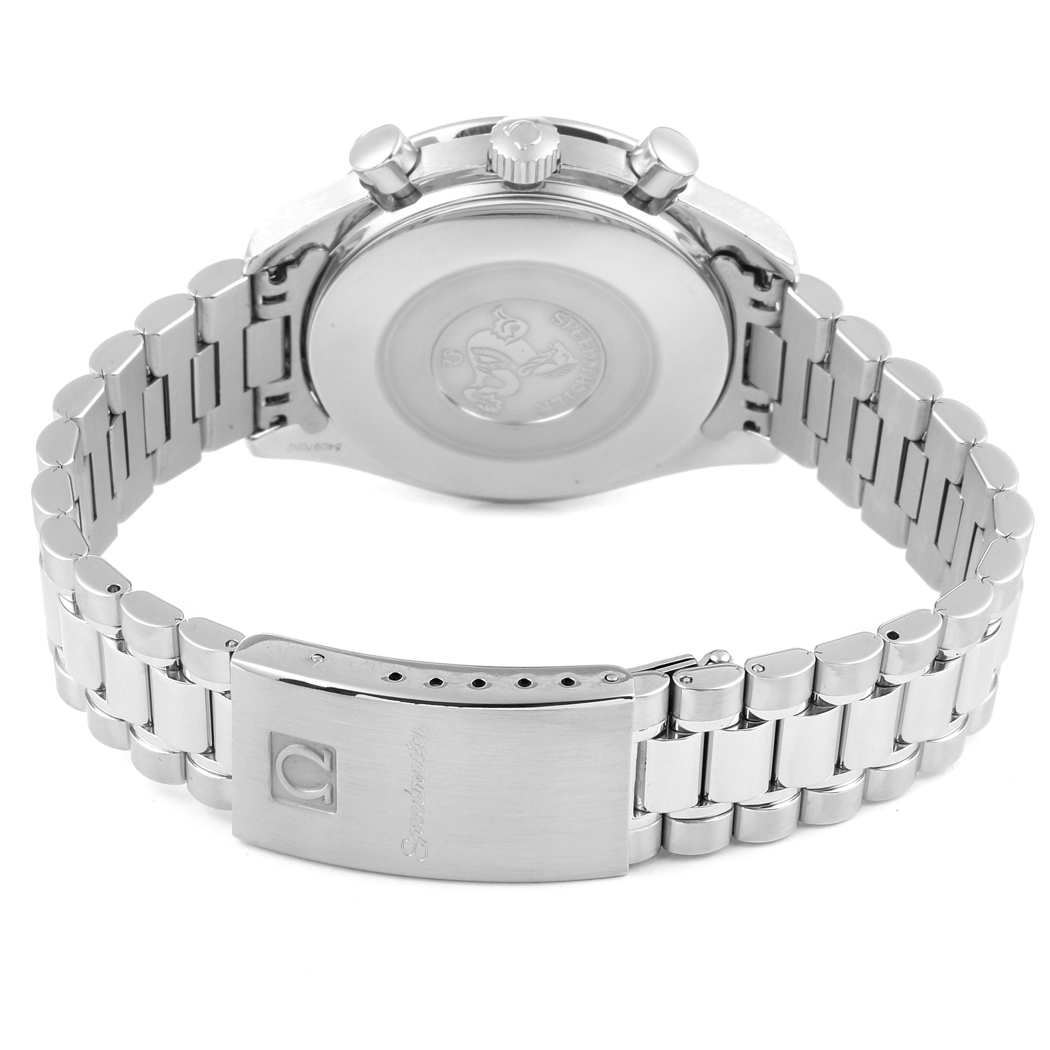 The image shows the back view of an Omega Speedmaster 3510.50.00 Men
s Stainless Steel Black Dial 3510.50.00 Men
s Stainless Steel Black Dial watch, highlighting its case back, crown, pushers, and metal bracelet.