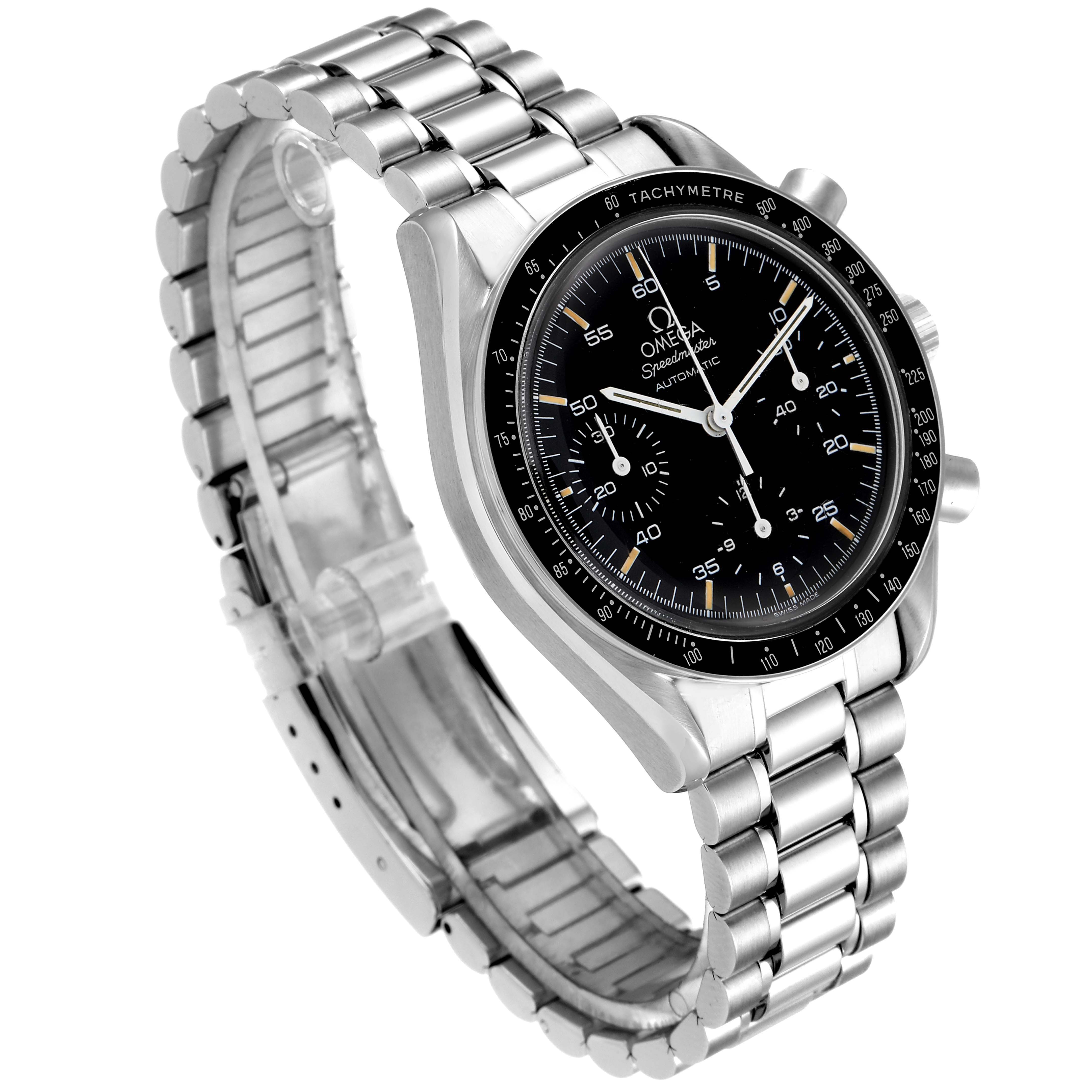 The Omega Speedmaster 3510.50.00 Men
s Stainless Steel Black Dial 3510.50.00 Men
s Stainless Steel Black Dial watch is shown at a three-quarter angle displaying its face, bezel, and metal bracelet.