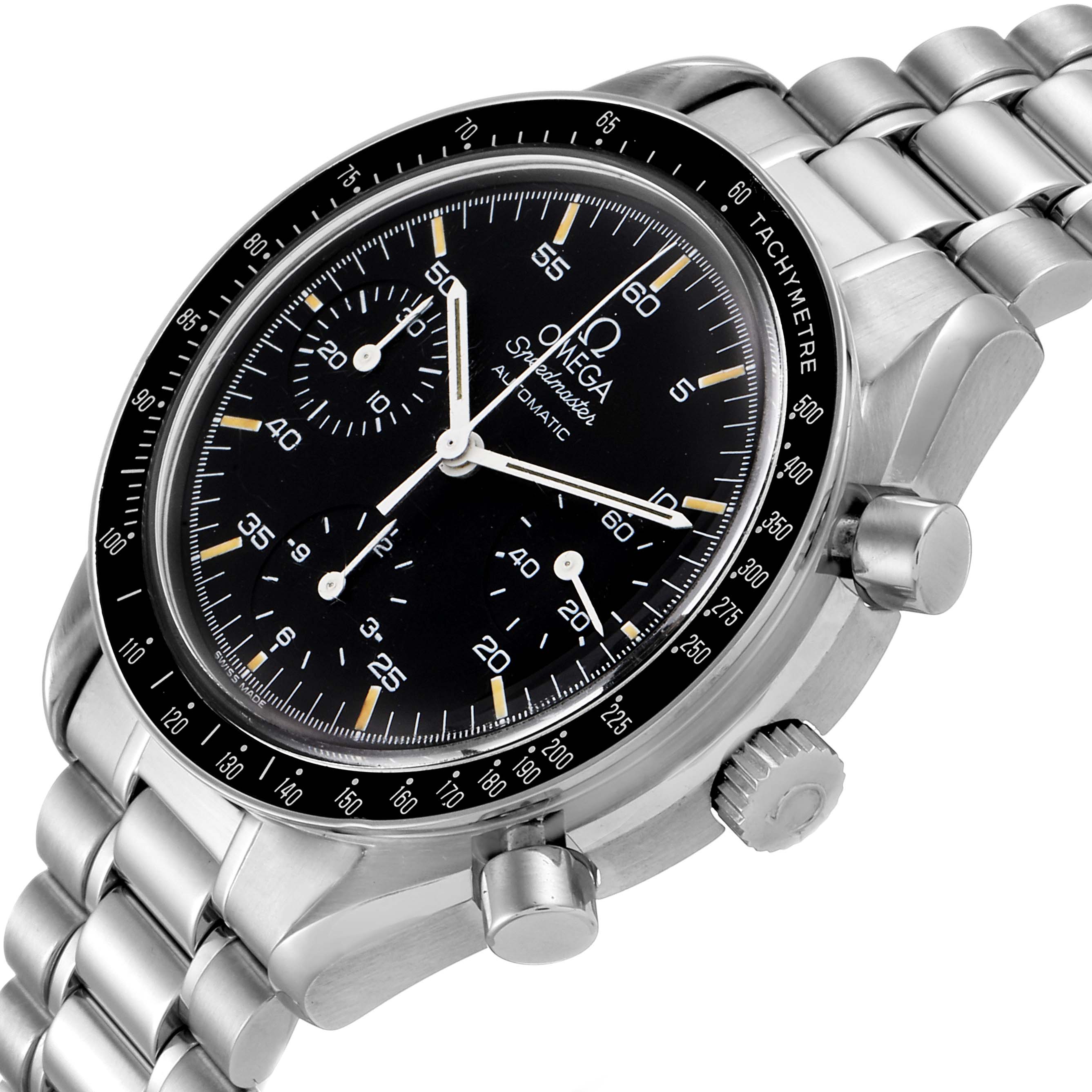 This image shows an Omega Speedmaster 3510.50.00 Men
s Stainless Steel Black Dial 3510.50.00 Men
s Stainless Steel Black Dial watch from an angled side view, highlighting the dial, bezel, crown, and bracelet.