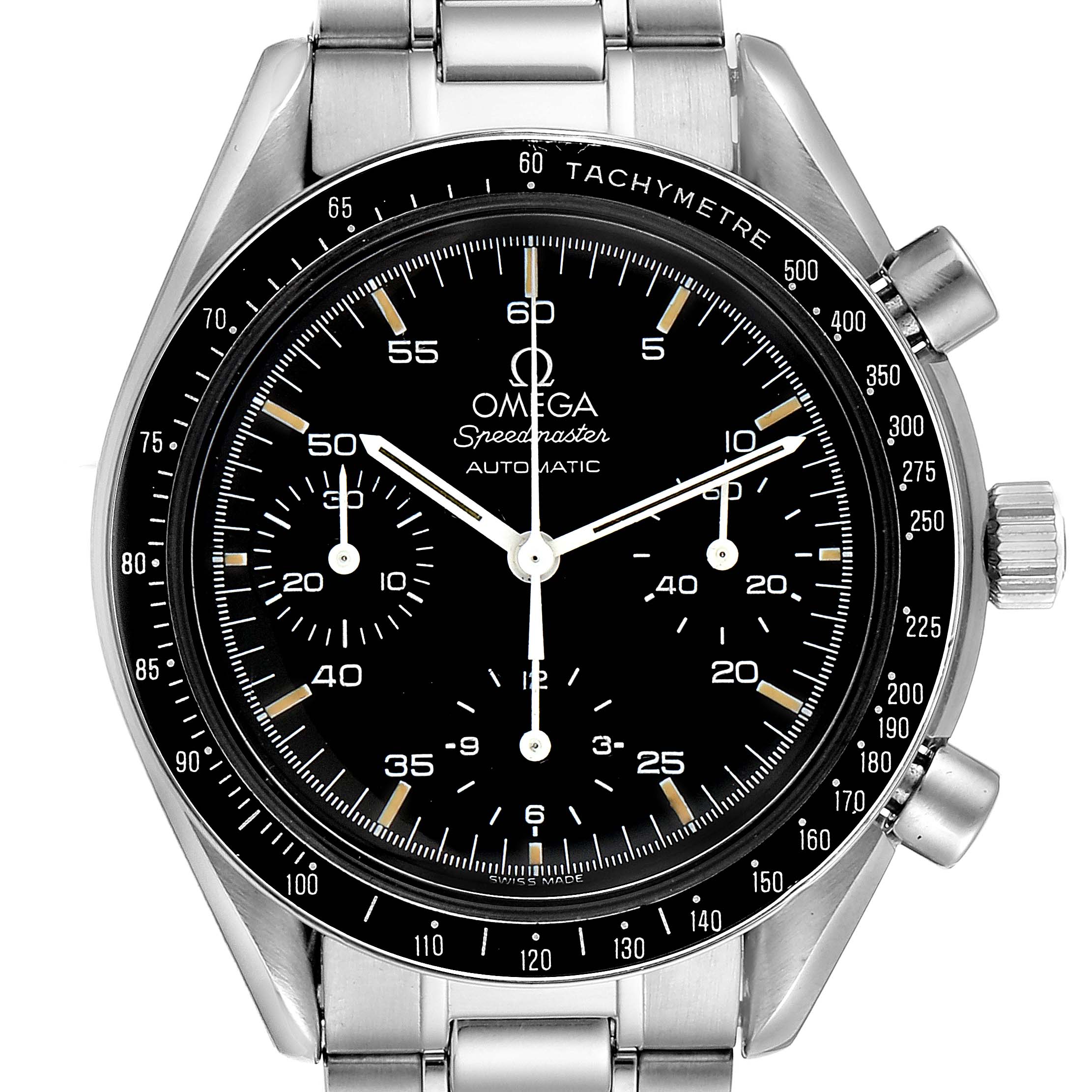 The Omega Speedmaster 3510.50.00 Men
s Stainless Steel Black Dial 3510.50.00 Men
s Stainless Steel Black Dial watch is shown from a front angle, displaying the dial, bezel, and part of the bracelet.