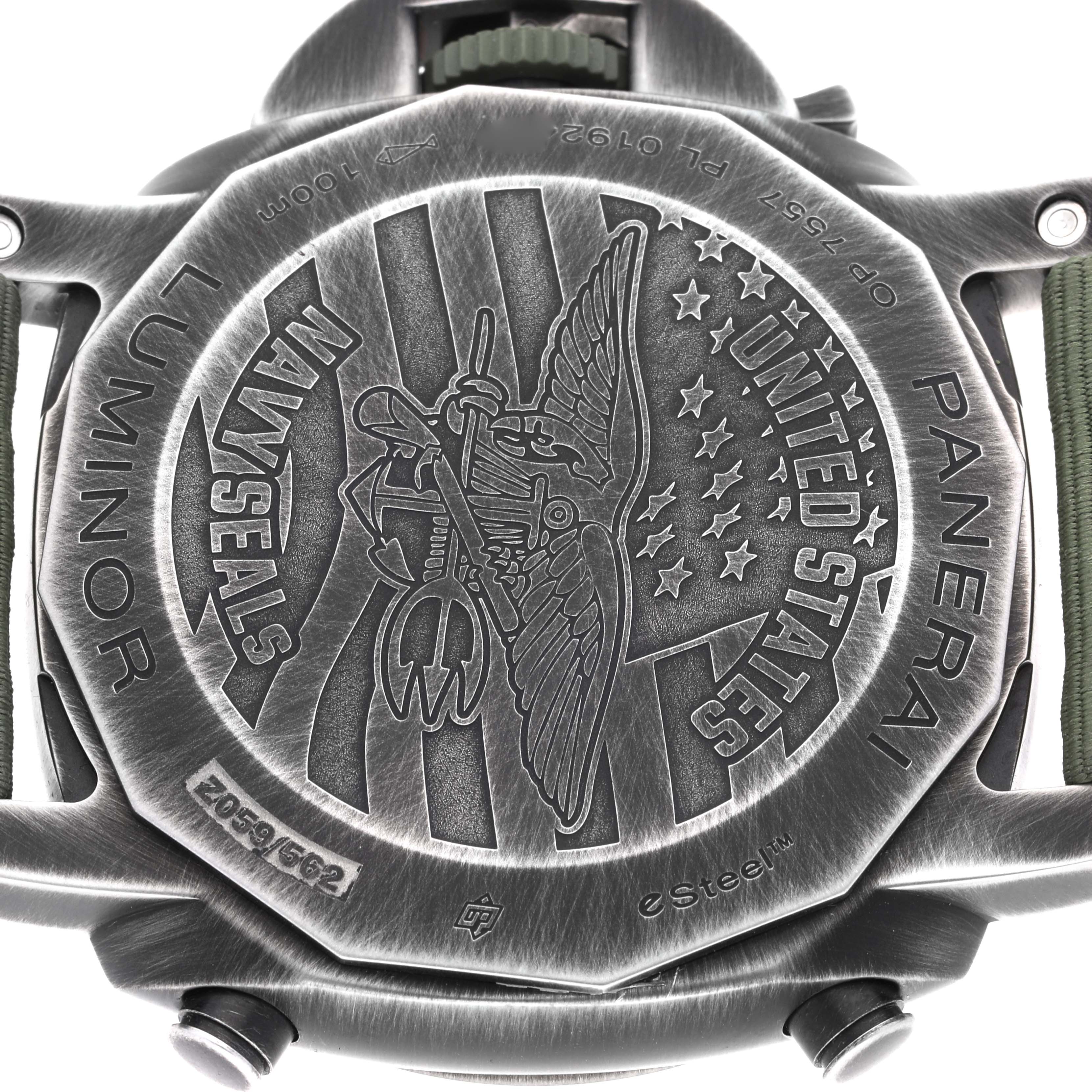 The image shows the back case of a Panerai Luminor PAM01409 Men's Stainless Steel Grey Dial PAM01409 Men's Stainless Steel Grey Dial model watch with an engraving featuring Navy Seals artwork.