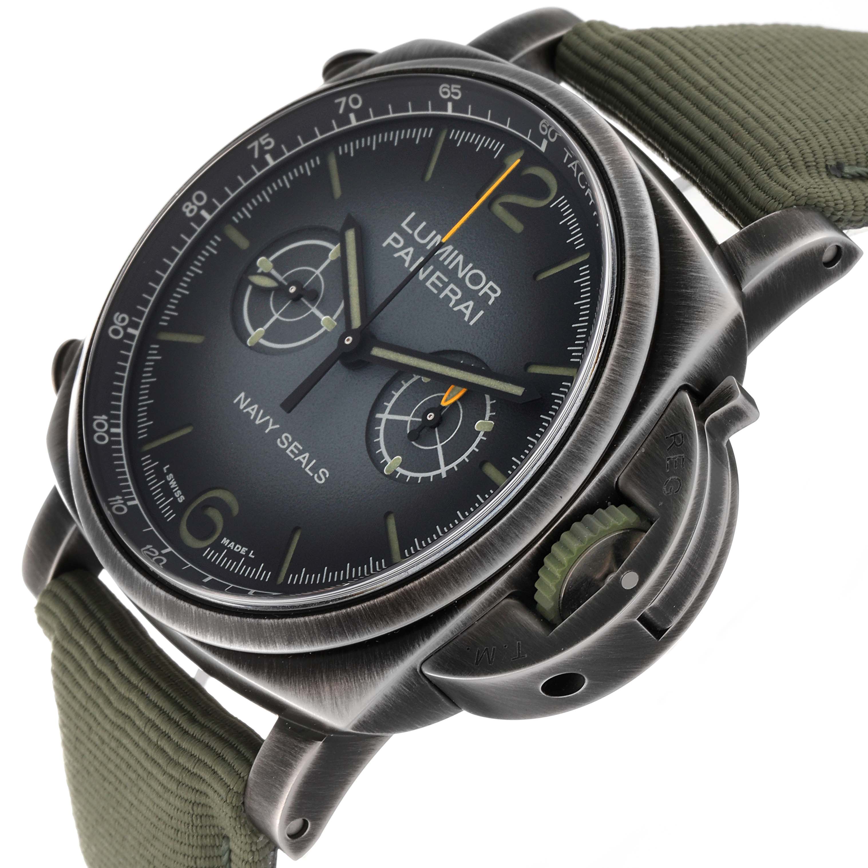 The image shows a close-up angle of the dial, bezel, and crown guard of the Panerai Luminor PAM01409 Men's Stainless Steel Grey Dial PAM01409 Men's Stainless Steel Grey Dial Navy SEALs watch.