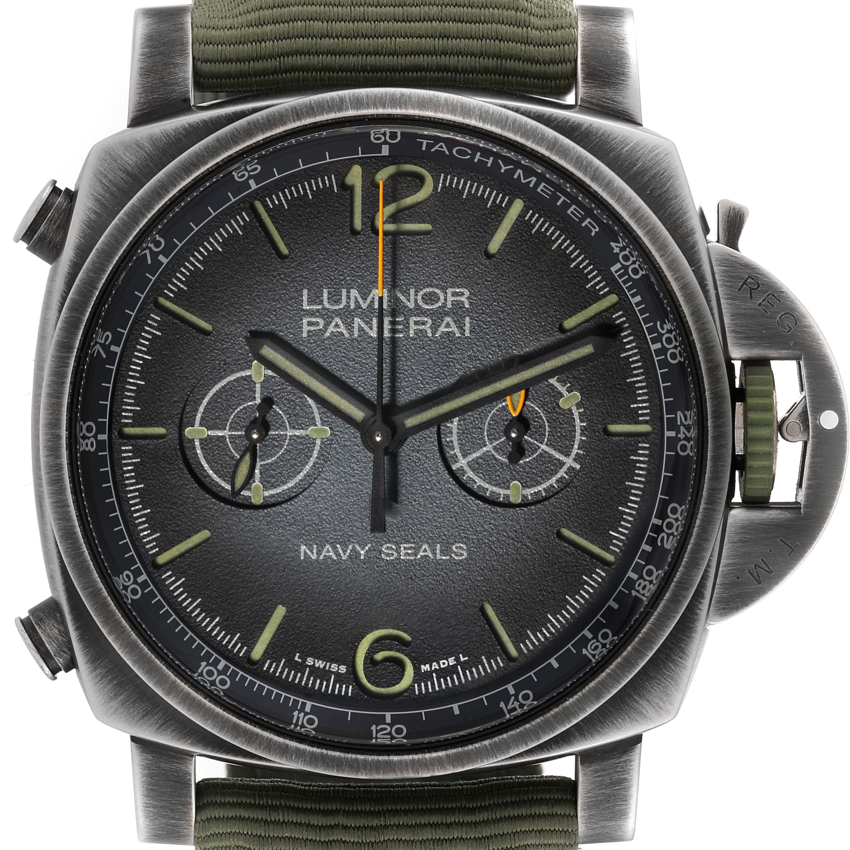 This is a close-up front view of the Panerai Luminor PAM01409 Men's Stainless Steel Grey Dial PAM01409 Men's Stainless Steel Grey Dial watch, showcasing its dial, hands, markers, and a green strap.