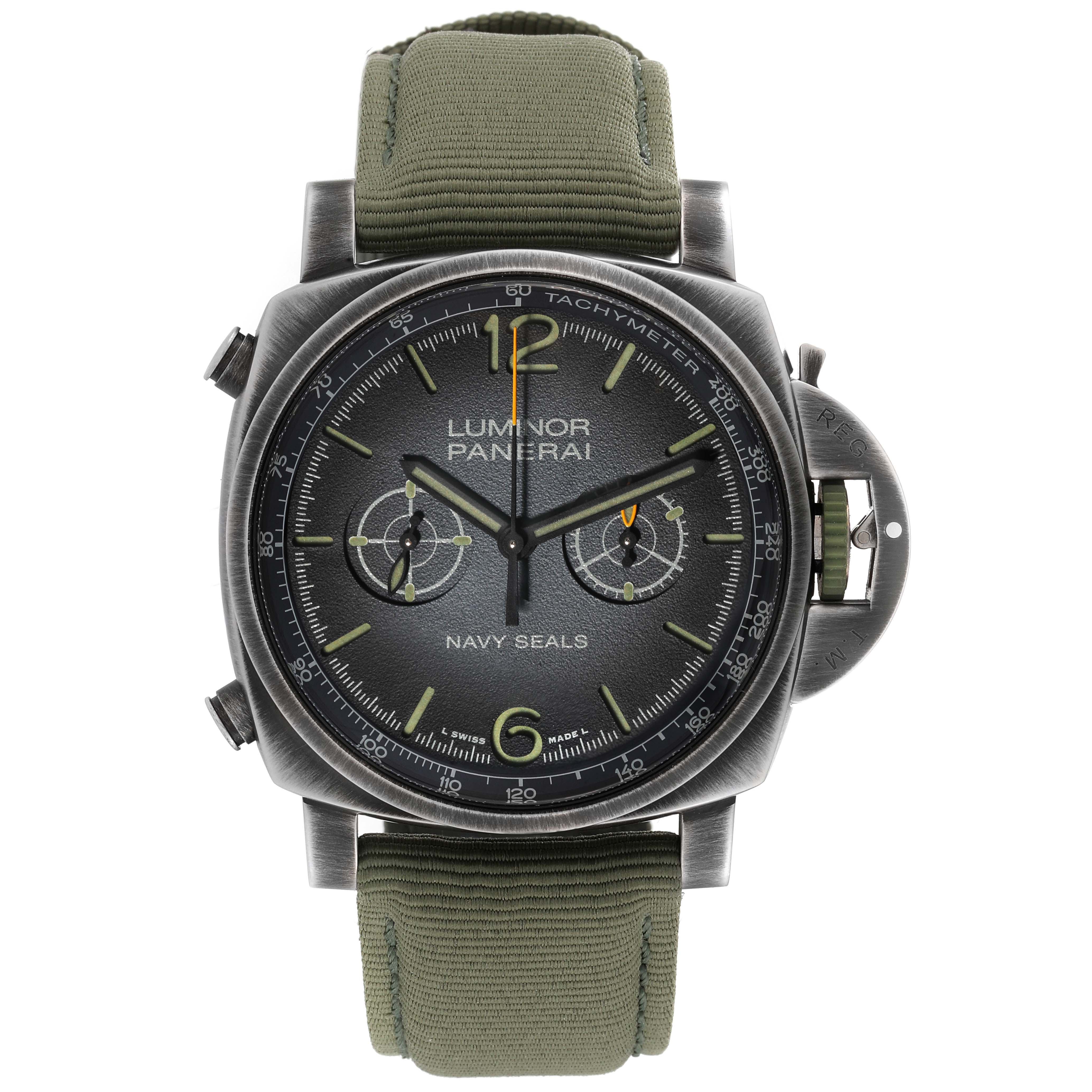 The image shows a front view of the Panerai Luminor PAM01409 Men's Stainless Steel Grey Dial PAM01409 Men's Stainless Steel Grey Dial Navy Seals watch, featuring the dial, hands, and strap.