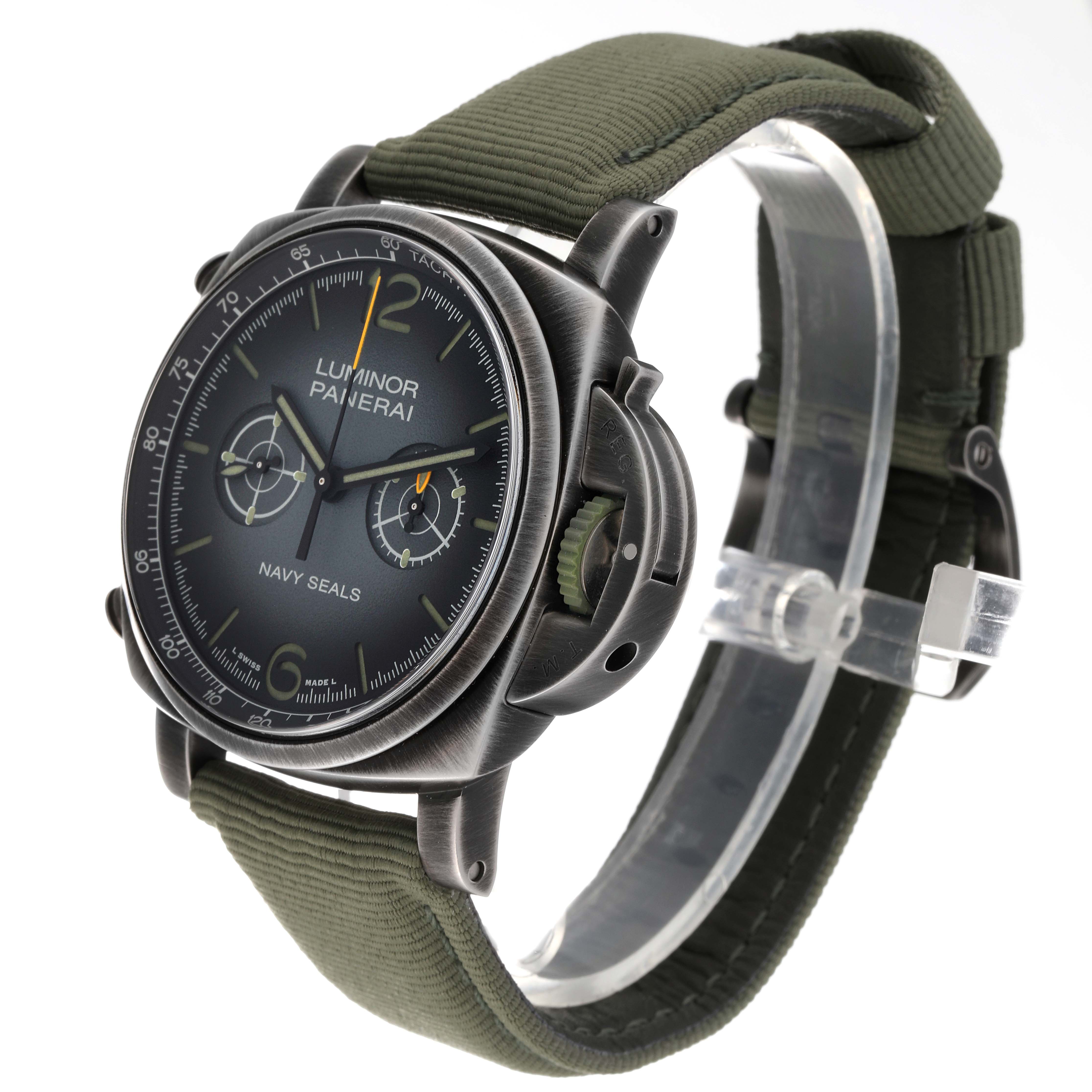 The image shows a Panerai Luminor PAM01409 Men's Stainless Steel Grey Dial PAM01409 Men's Stainless Steel Grey Dial watch from an angled side view highlighting the dial, casing, and fabric strap.