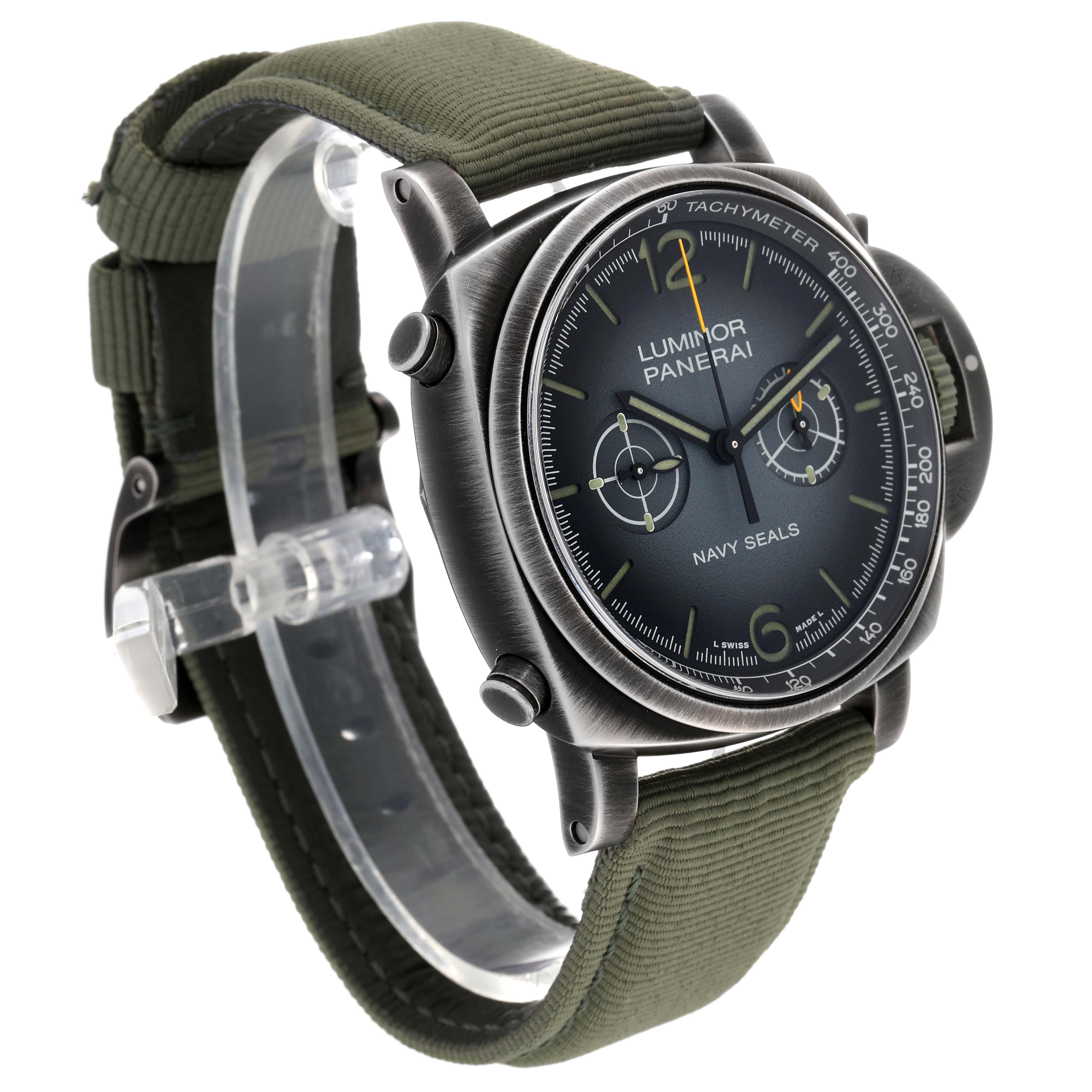 This Panerai Luminor PAM01409 Men's Stainless Steel Grey Dial PAM01409 Men's Stainless Steel Grey Dial model watch is shown at an angle displaying its face, dial, case, and olive green strap.