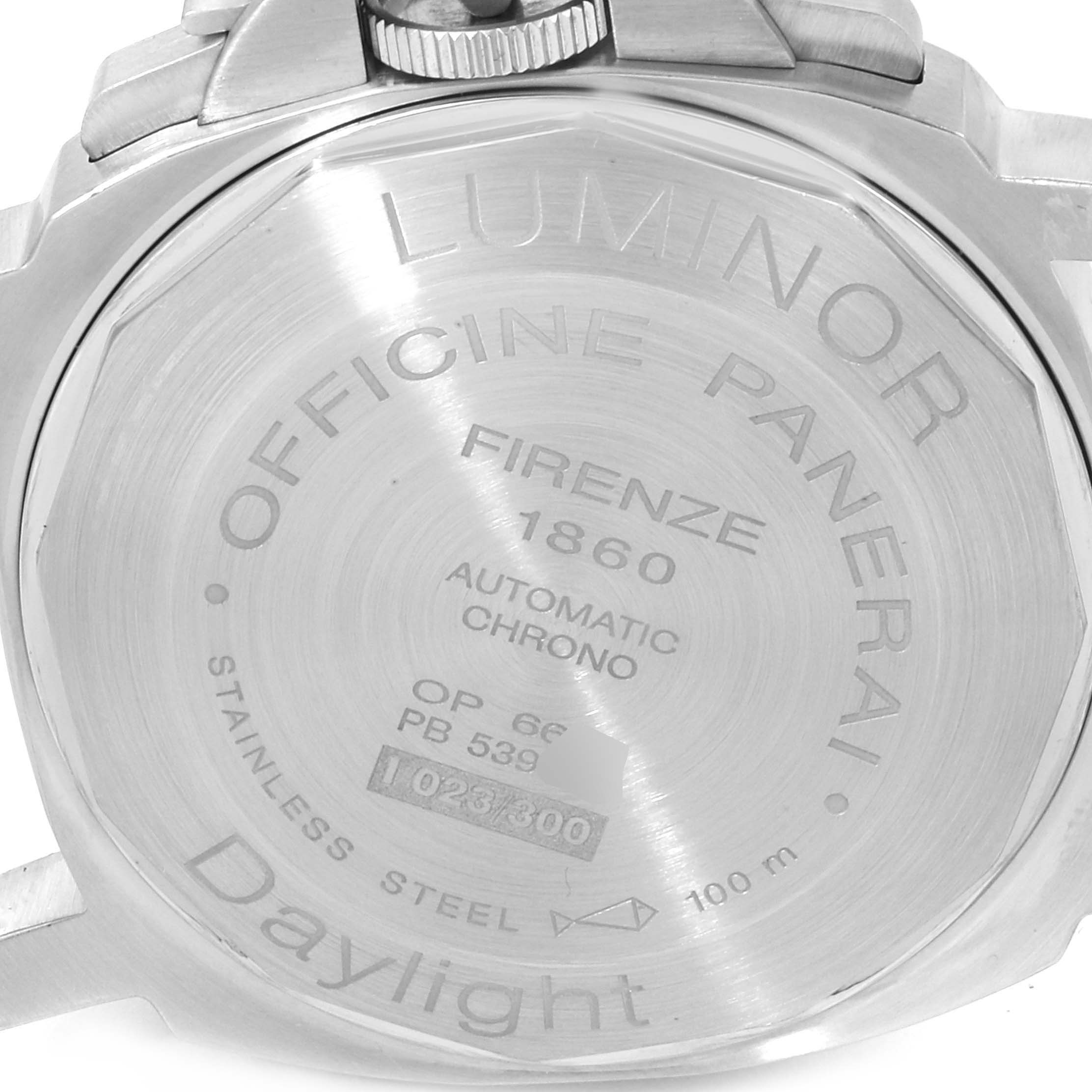 The image shows the back case of a Panerai Luminor PAM00251 Men
s Stainless Steel White Dial PAM00251 Men
s Stainless Steel White Dial watch with engraved details.