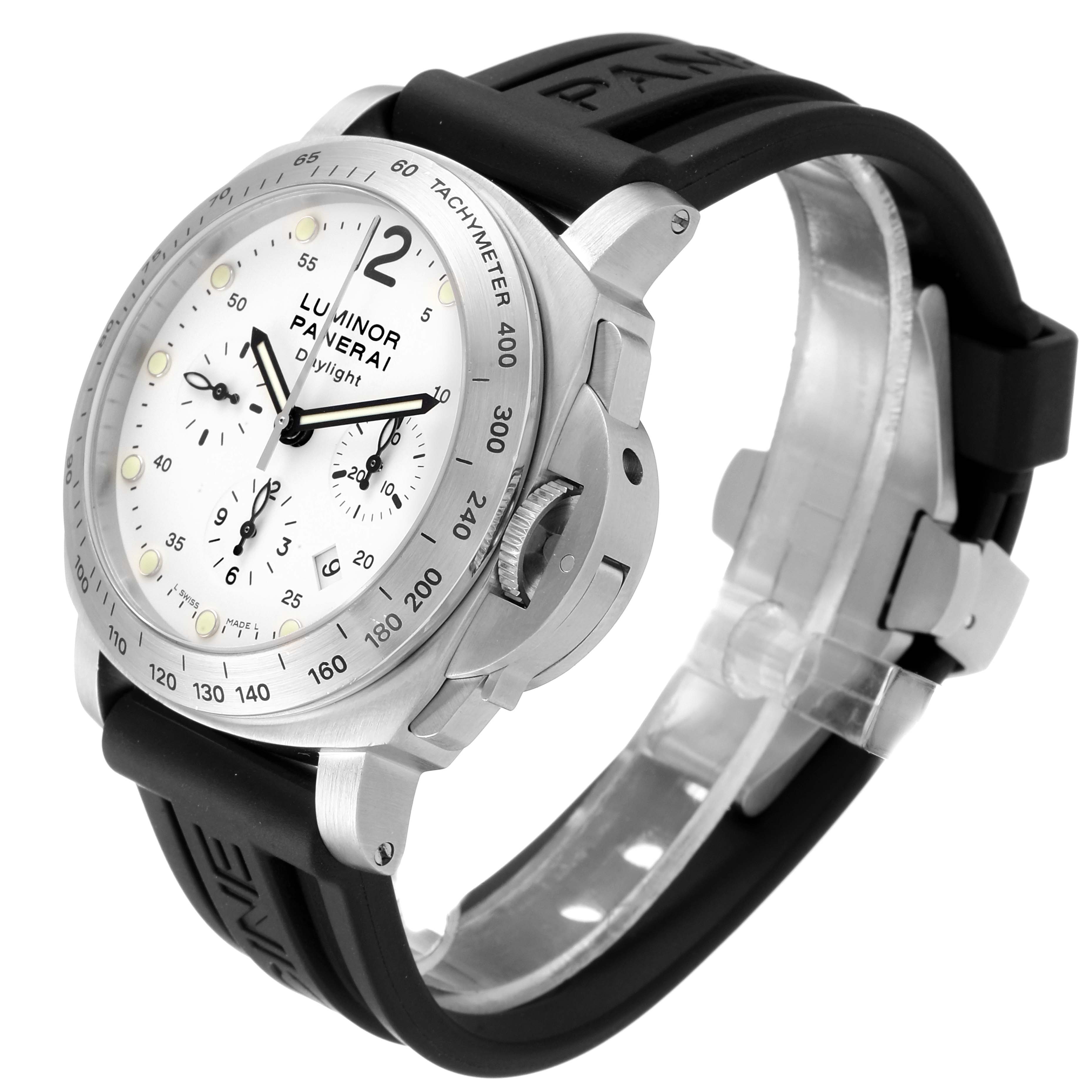 The image shows a Panerai Luminor PAM00251 Men
s Stainless Steel White Dial PAM00251 Men
s Stainless Steel White Dial watch at a slight angle, highlighting its face, bezel, crown guard, and black rubber strap.