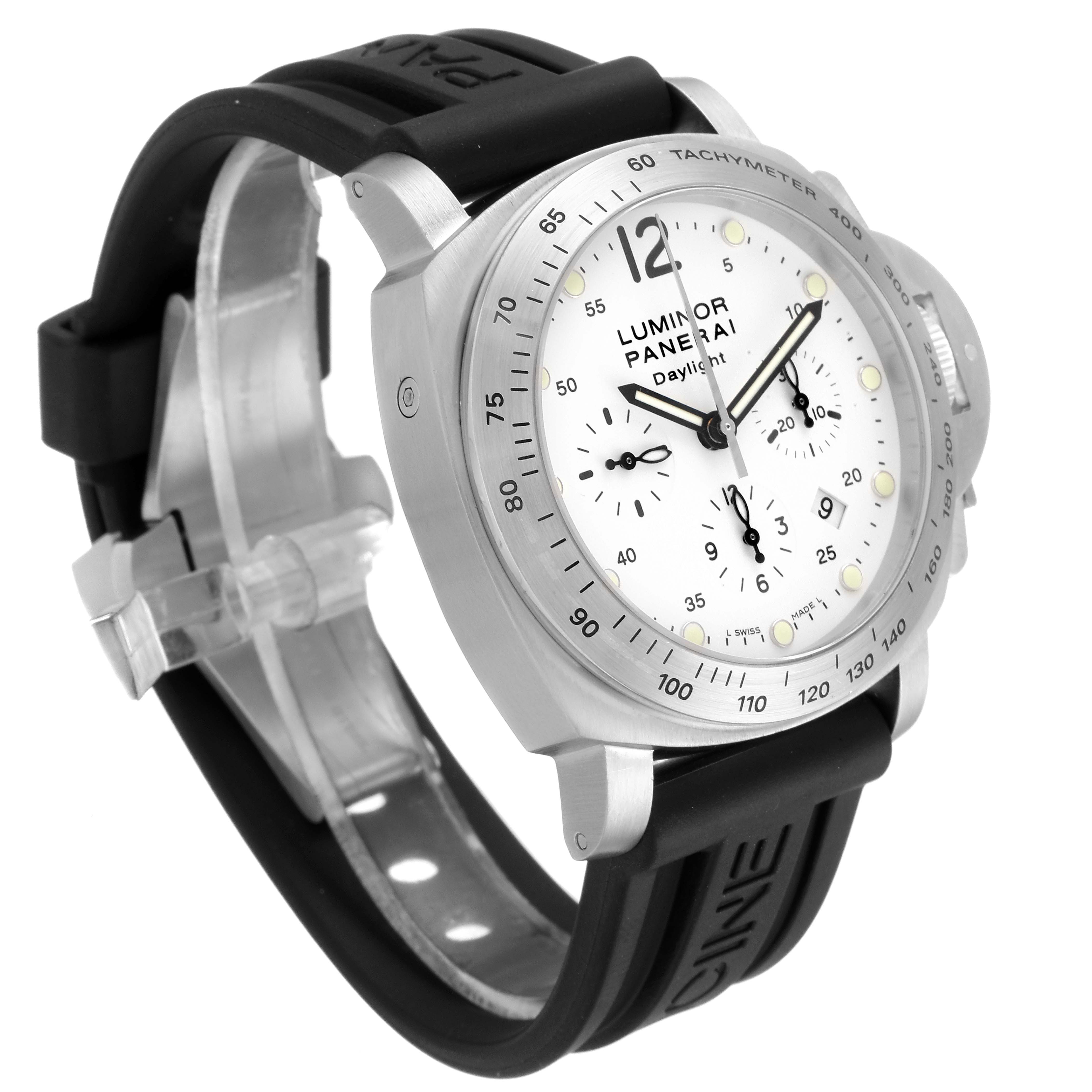 The image shows a Panerai Luminor PAM00251 Men
s Stainless Steel White Dial PAM00251 Men
s Stainless Steel White Dial watch at a front-side angle displaying the face, strap, and tachymeter bezel.