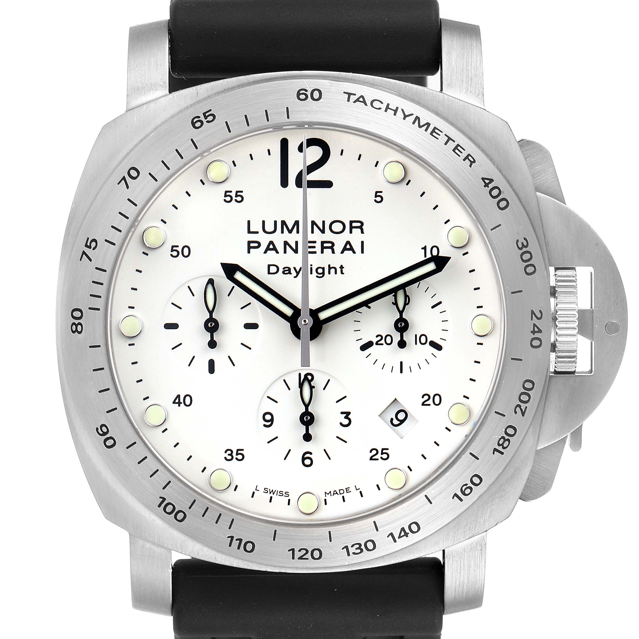 Panerai Luminor PAM00251 Men
s Stainless Steel White Dial PAM00251 Men
s Stainless Steel White Dial watch shown from the front, displaying the dial, subdials, hands, crown, and tachymeter bezel.