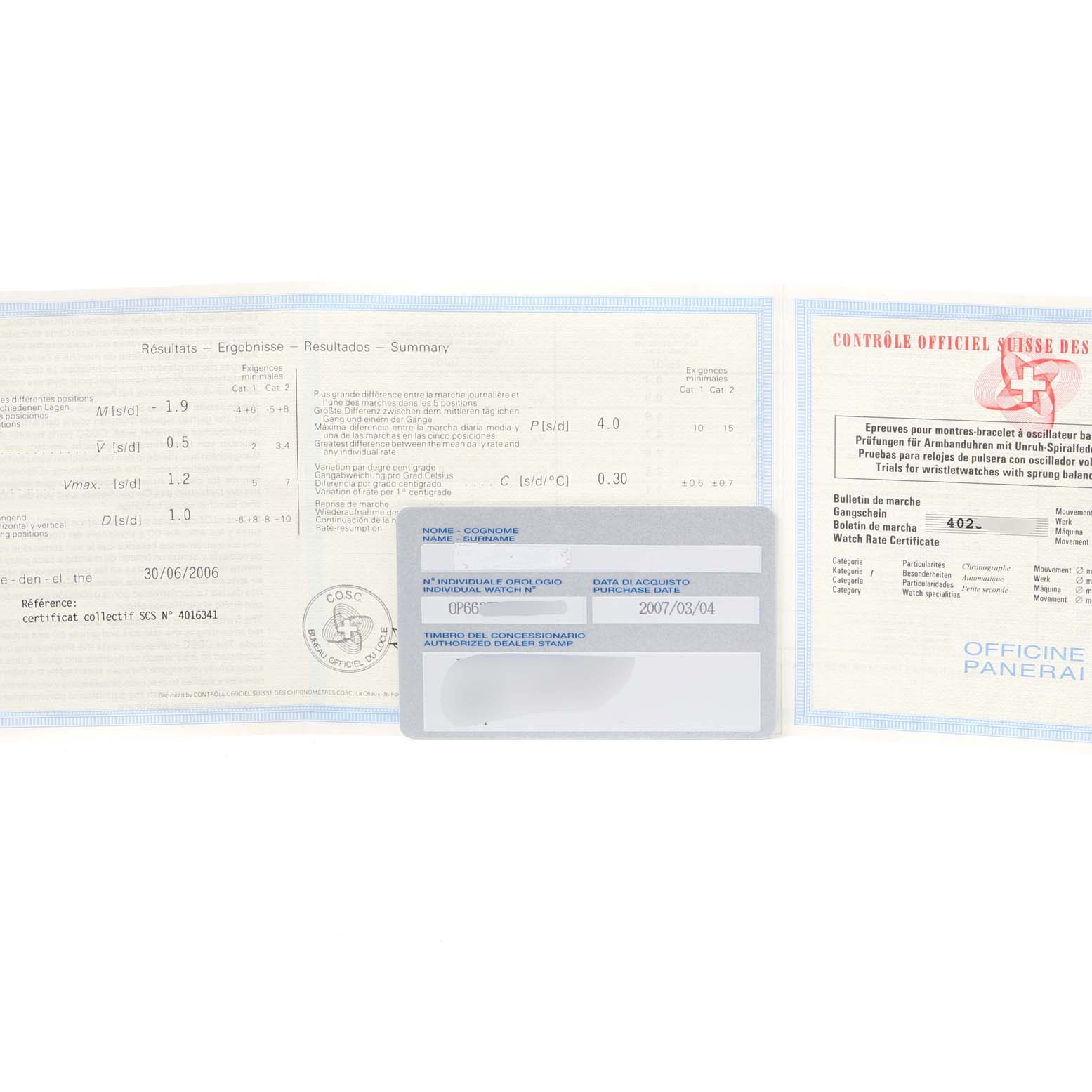 This image shows the warranty card and certification papers for a Panerai Luminor PAM00251 Men
s Stainless Steel White Dial PAM00251 Men
s Stainless Steel White Dial watch, laid out flat.