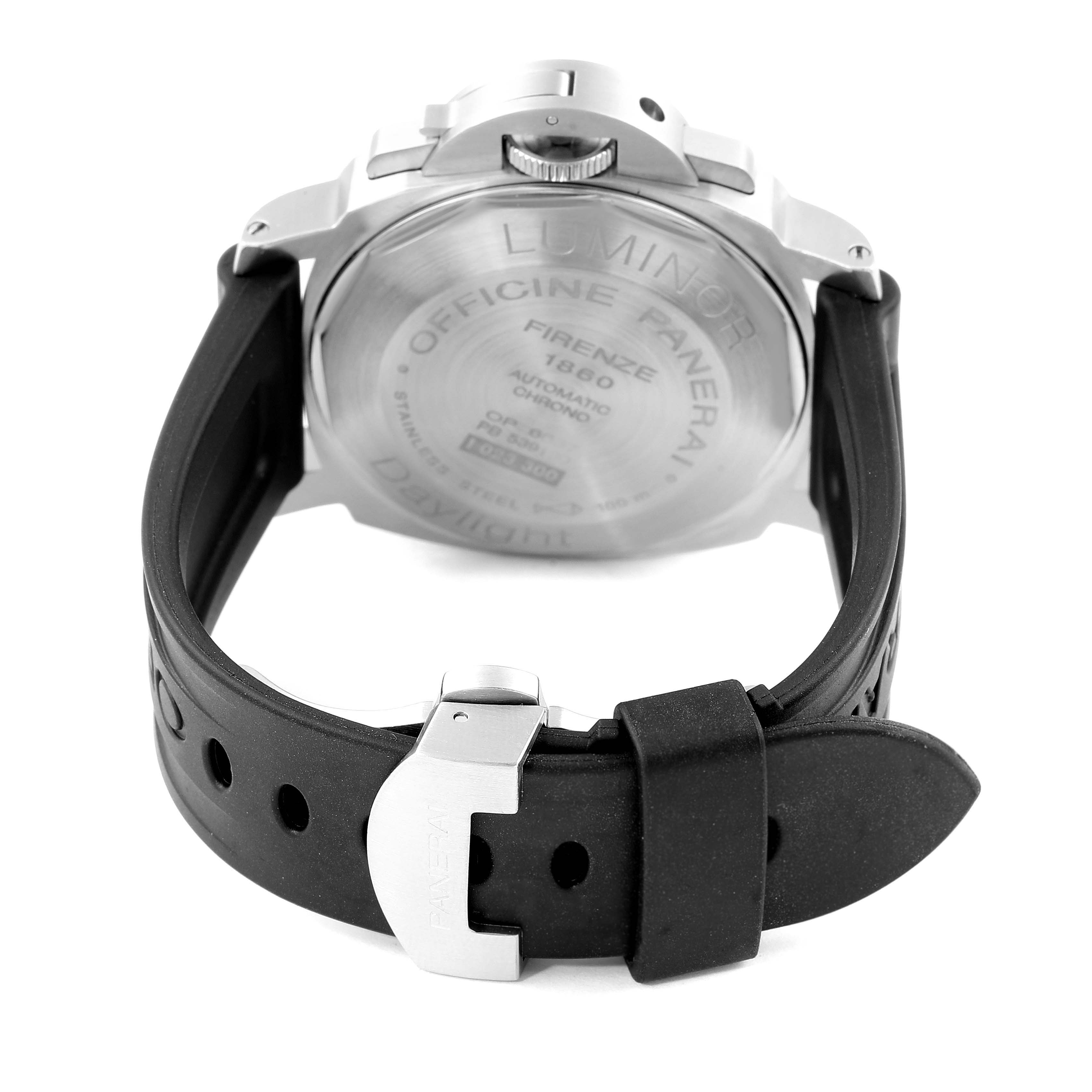 This image shows the back of a Panerai Luminor PAM00251 Men
s Stainless Steel White Dial PAM00251 Men
s Stainless Steel White Dial watch, including its case back and rubber strap with a clasp.