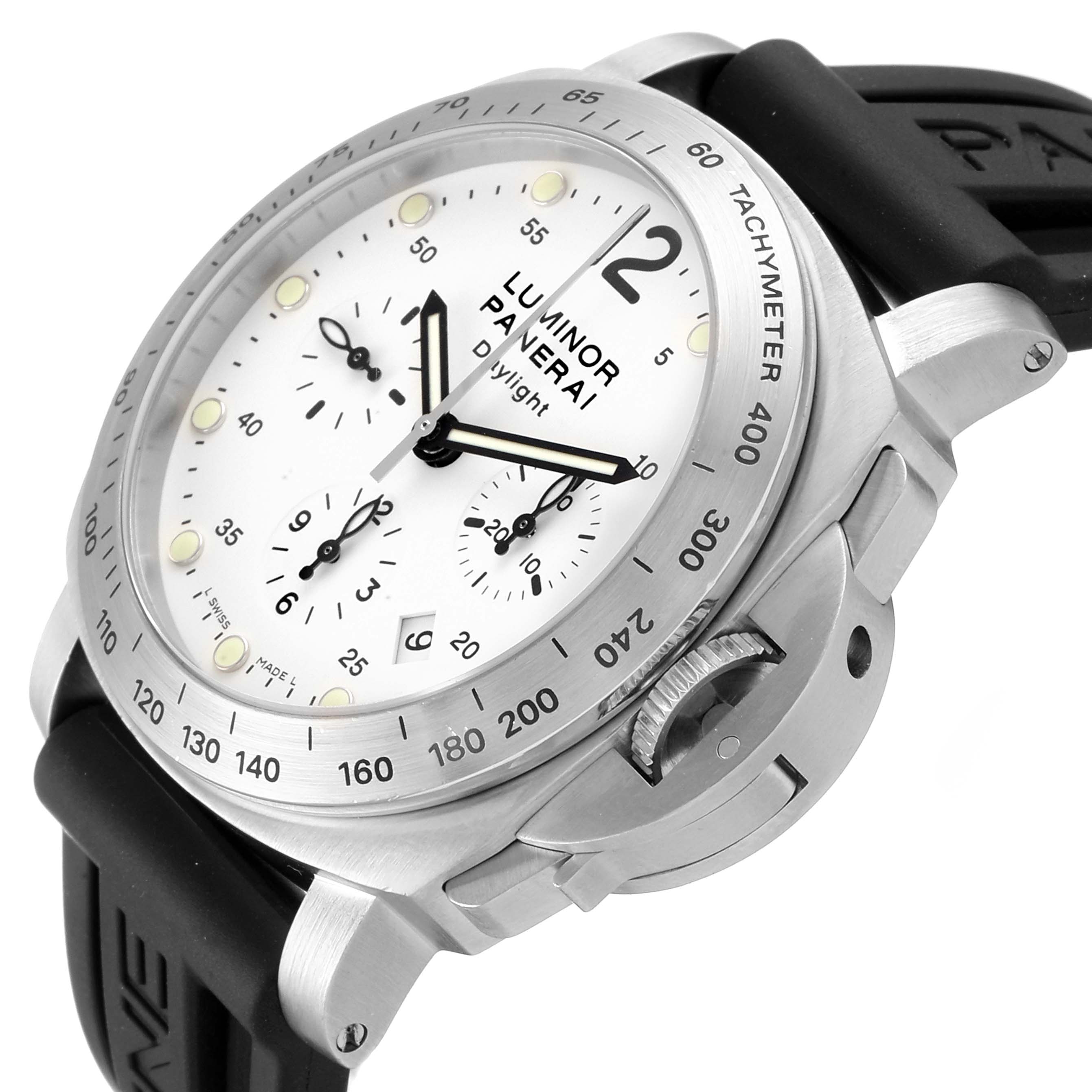 The image shows a Panerai Luminor PAM00251 Men
s Stainless Steel White Dial PAM00251 Men
s Stainless Steel White Dial watch at a slight angle, highlighting its white dial, tachymeter bezel, and the crown guard on the right side.