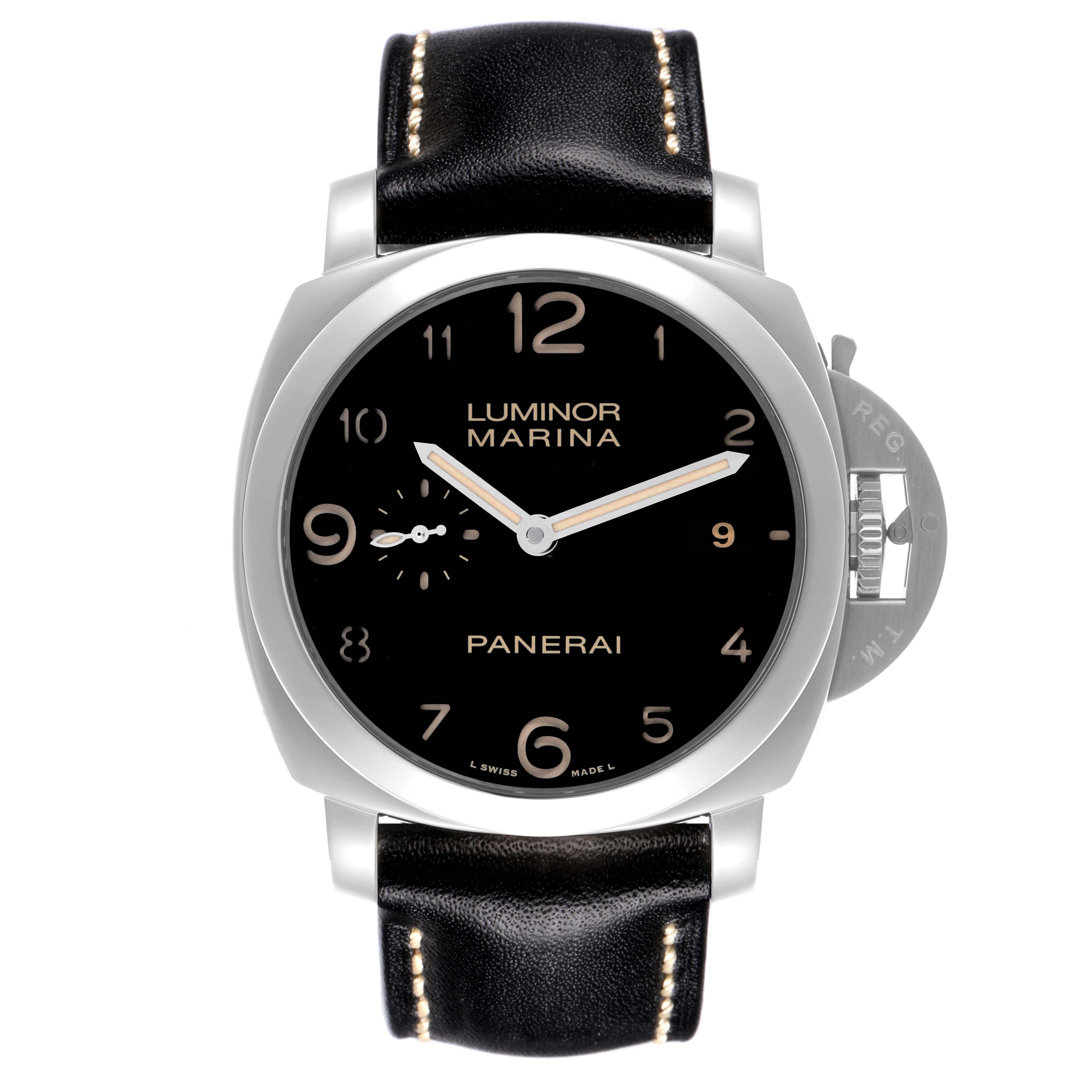 The Panerai Luminor PAM00359 Men's Stainless Steel Black Dial PAM00359 Men's Stainless Steel Black Dial watch is shown from a front view, displaying the dial, case, strap, and crown guard.