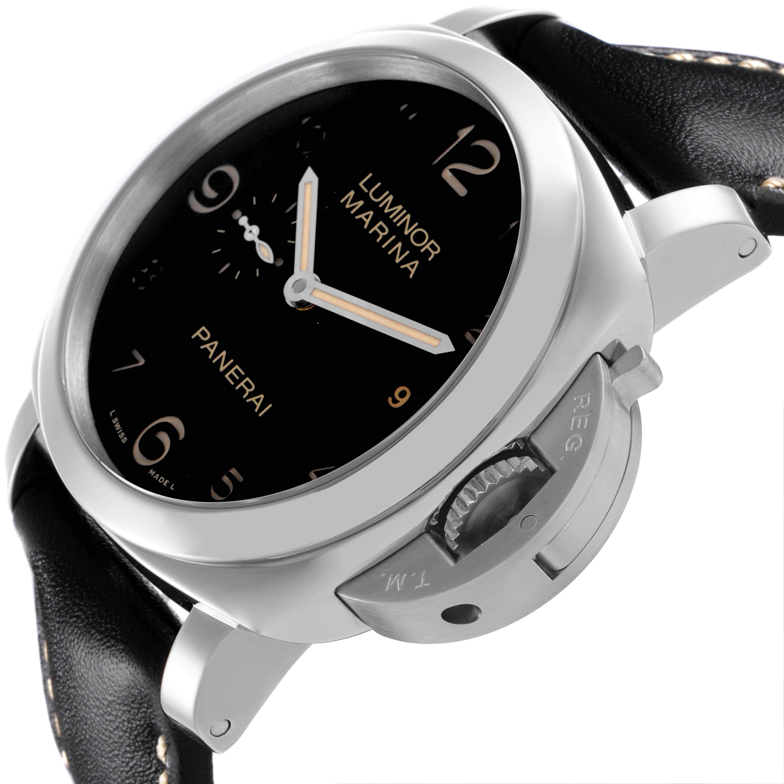 The Panerai Luminor PAM00359 Men's Stainless Steel Black Dial PAM00359 Men's Stainless Steel Black Dial watch is shown from a side angle highlighting the crown guard and black dial with numeral indices.