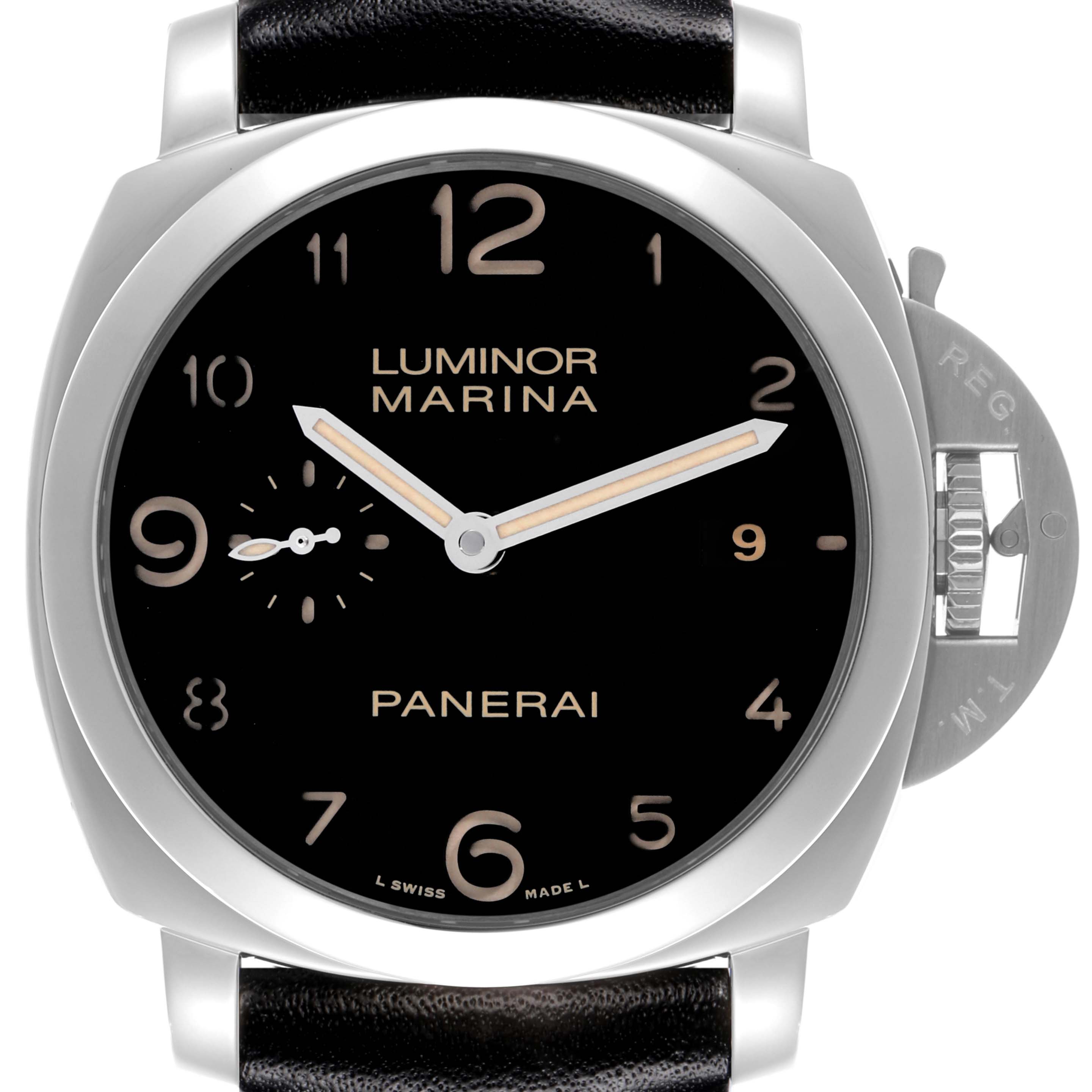 The Panerai Luminor PAM00359 Men's Stainless Steel Black Dial PAM00359 Men's Stainless Steel Black Dial watch is shown from a front angle, highlighting its black dial, numerals, hands, and crown guard.