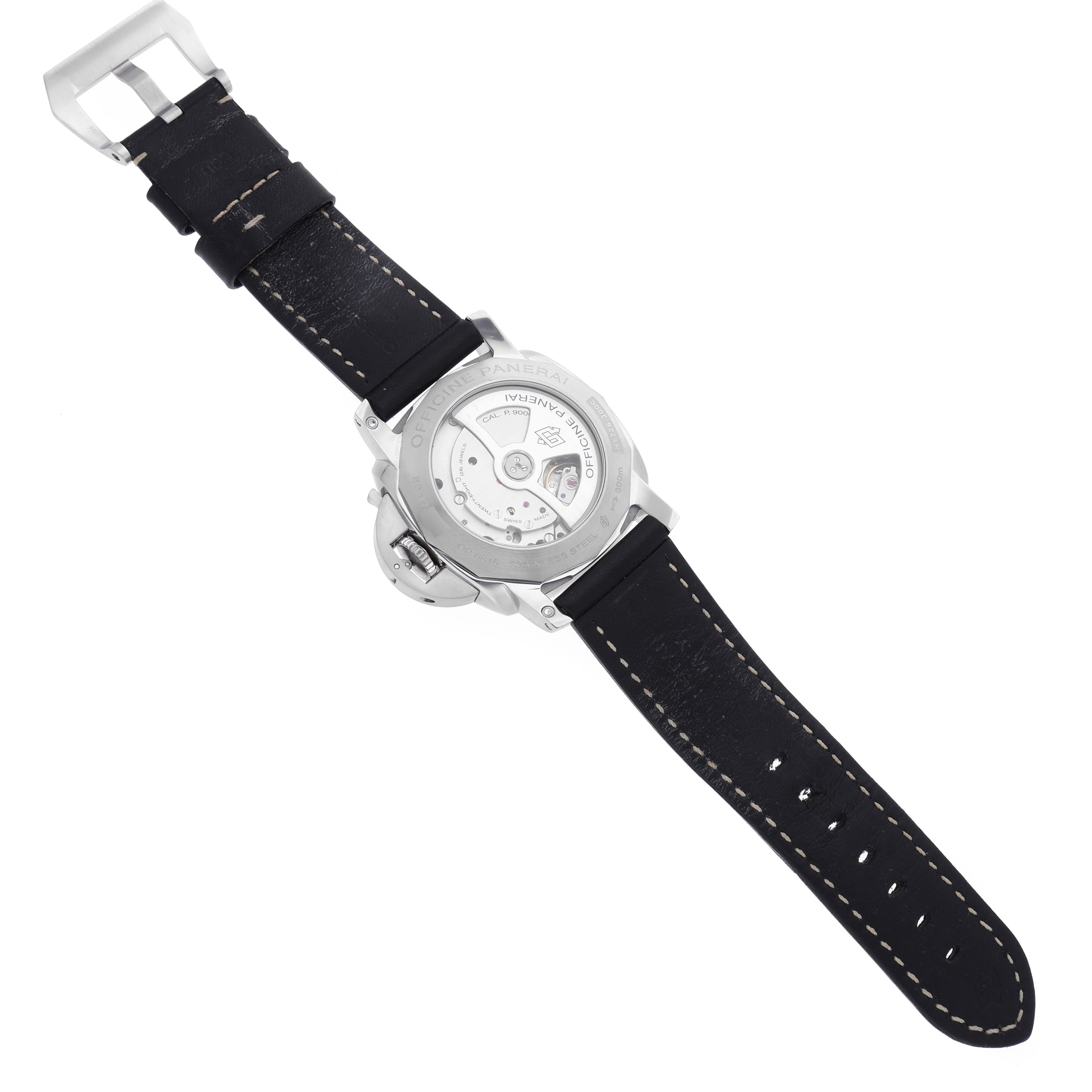 The Panerai Luminor PAM00359 Men's Stainless Steel Black Dial PAM00359 Men's Stainless Steel Black Dial watch is shown from the back, displaying the movement and leather strap.