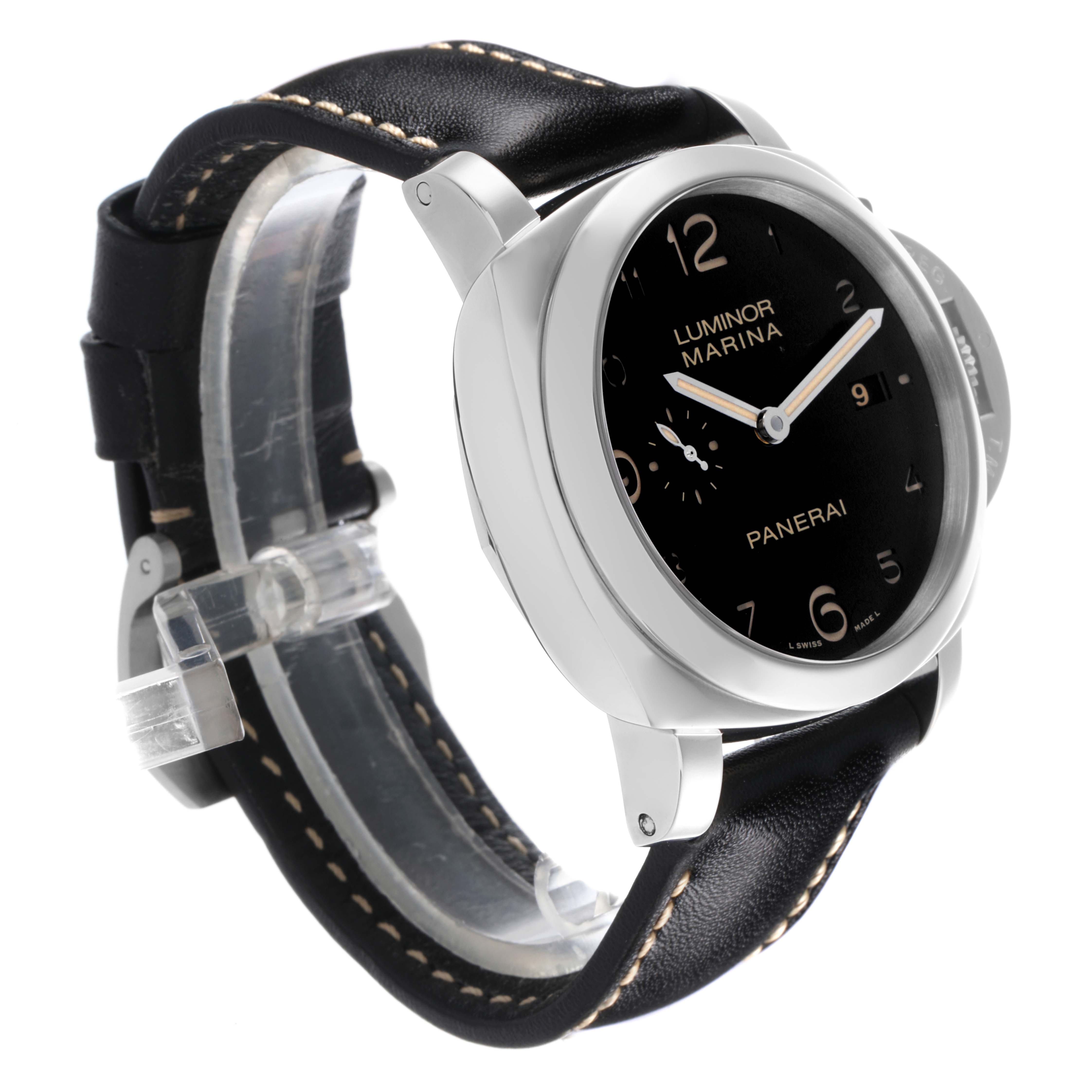 The Panerai Luminor PAM00359 Men's Stainless Steel Black Dial PAM00359 Men's Stainless Steel Black Dial watch is angled front-left, showing the face, case, crown guard, and leather strap.