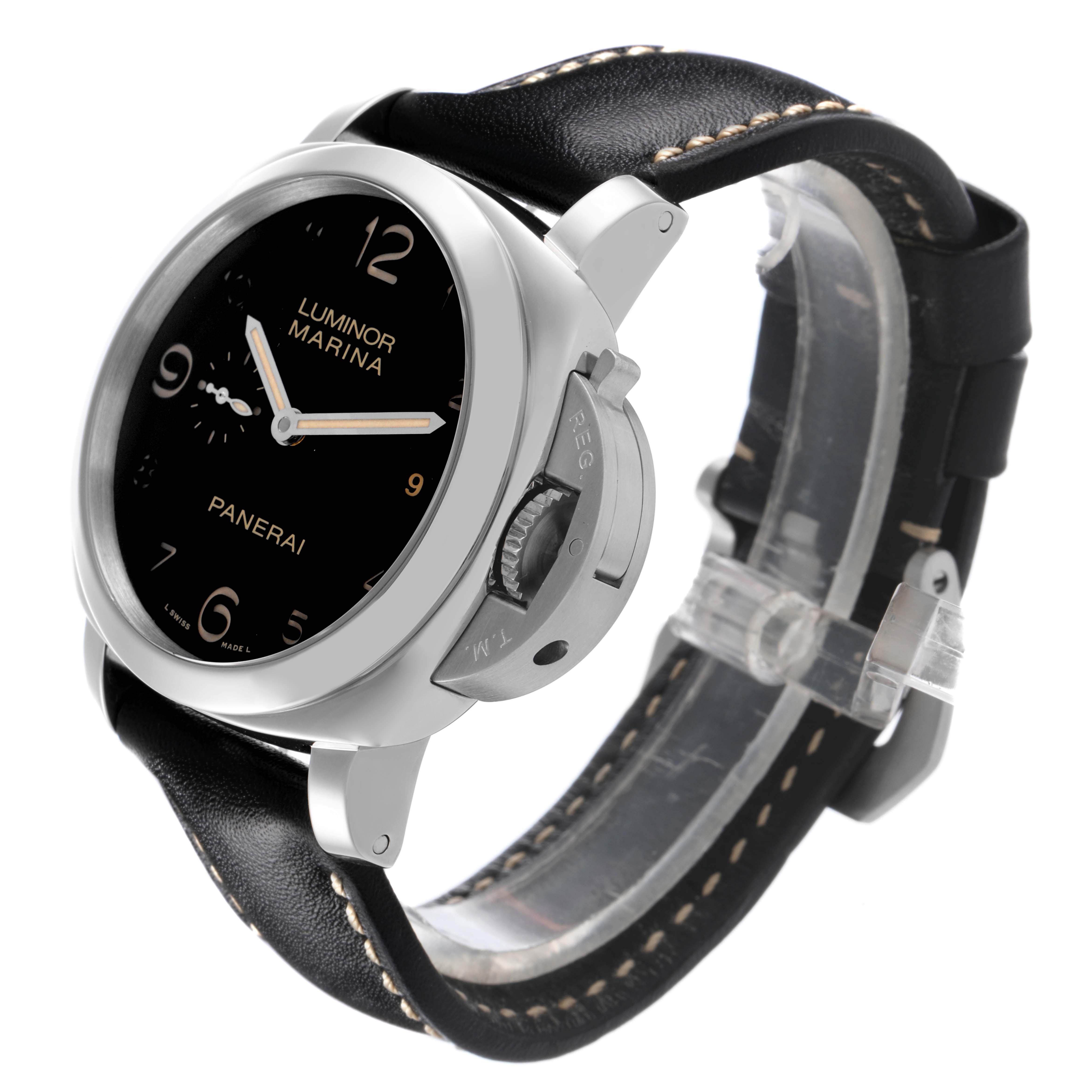 The Panerai Luminor PAM00359 Men's Stainless Steel Black Dial PAM00359 Men's Stainless Steel Black Dial watch is angled showing the face, crown guard, and leather strap with stitching.