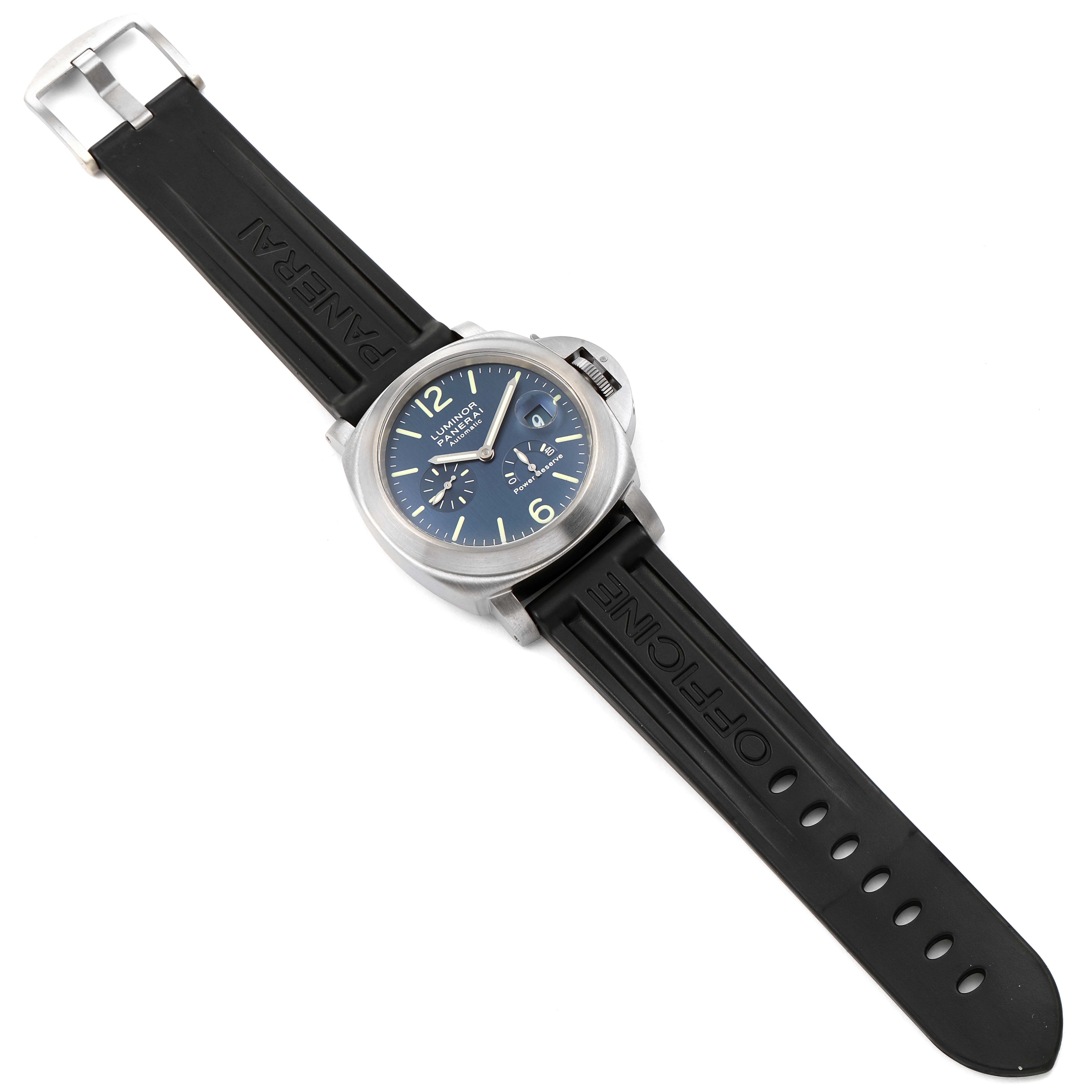 The image shows a top-down view of a Panerai Luminor PAM00093 Men's Titanium Blue Dial PAM00093 Men's Titanium Blue Dial watch with a black rubber strap and a blue dial.