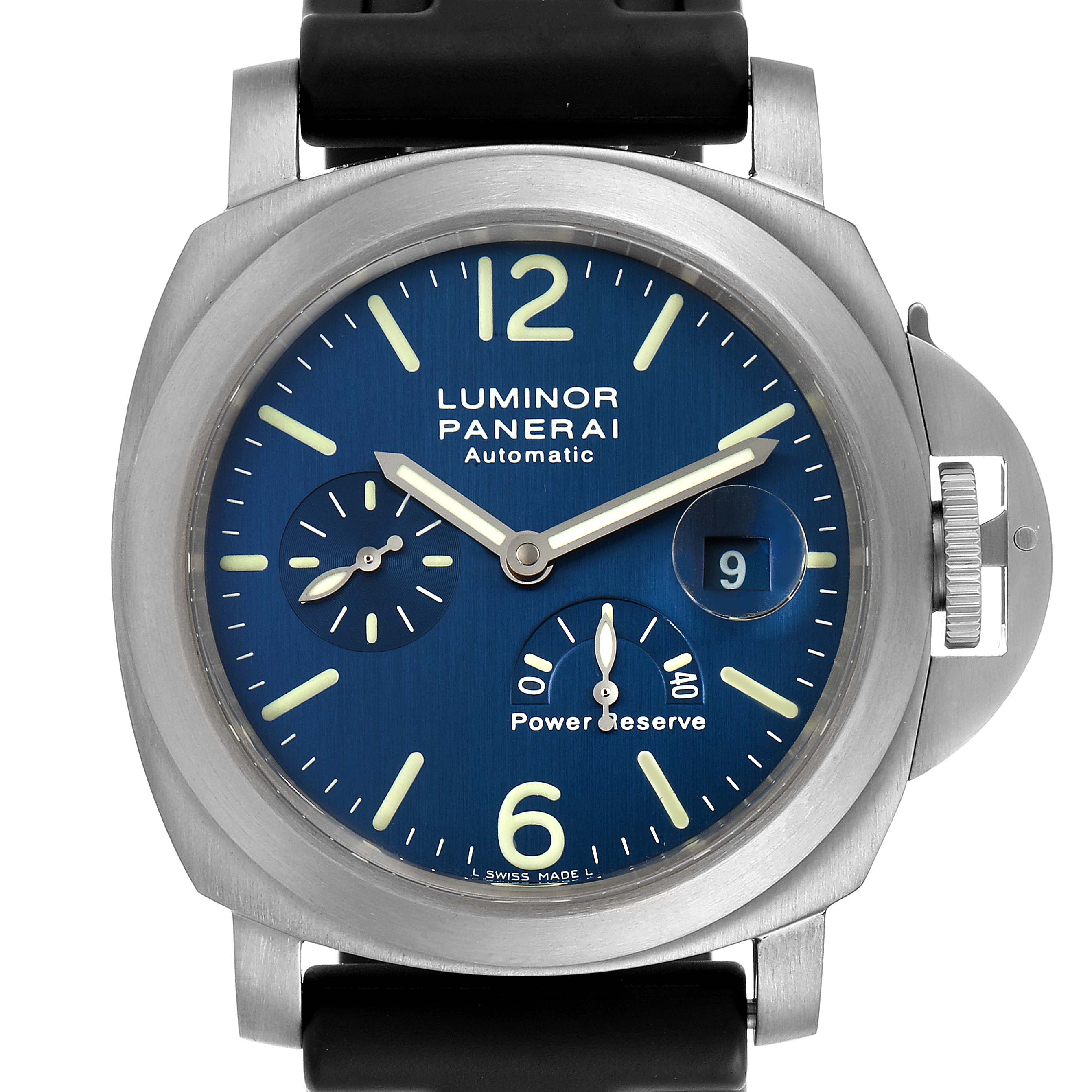 This image shows a front view of a Panerai Luminor PAM00093 Men's Titanium Blue Dial PAM00093 Men's Titanium Blue Dial watch featuring a blue dial with multiple subdials and a date window.