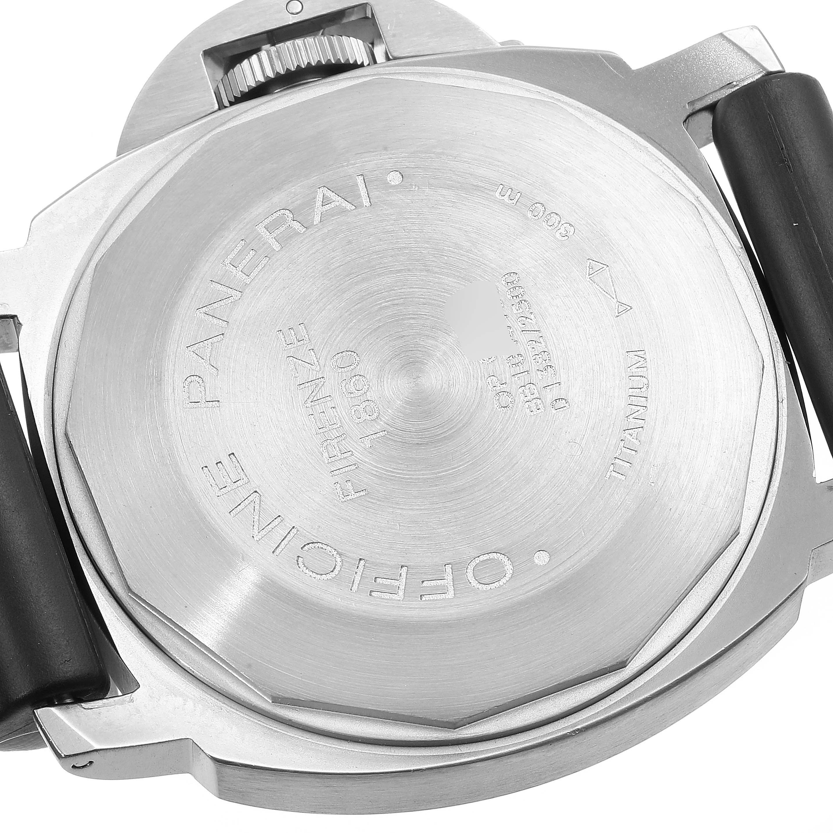 This image shows the back case of a Panerai Luminor PAM00093 Men's Titanium Blue Dial PAM00093 Men's Titanium Blue Dial watch, highlighting the titanium material and branding details.