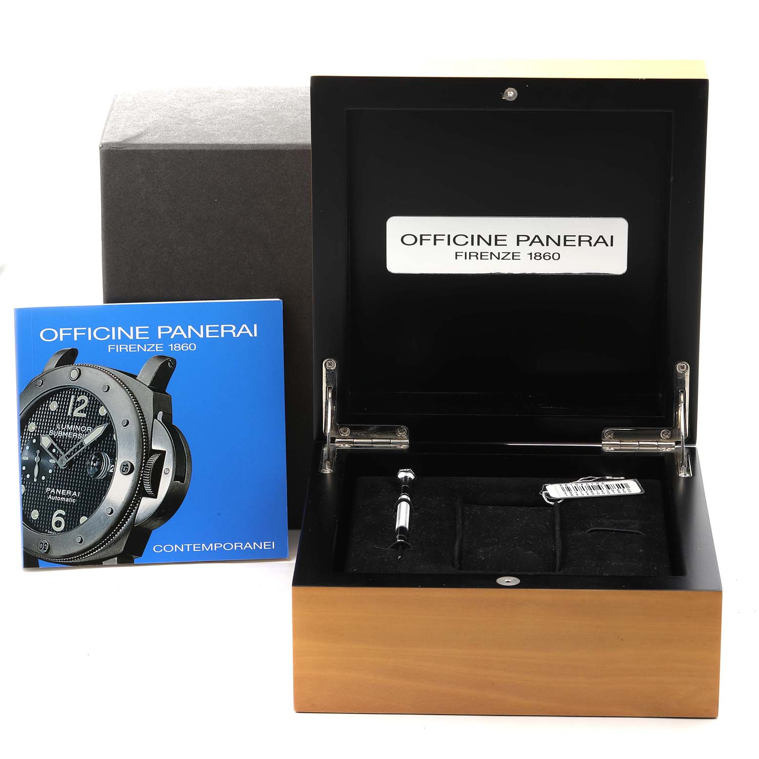 The image shows an open Panerai Luminor PAM00093 Men's Titanium Blue Dial PAM00093 Men's Titanium Blue Dial watch box, booklet, and accessories.