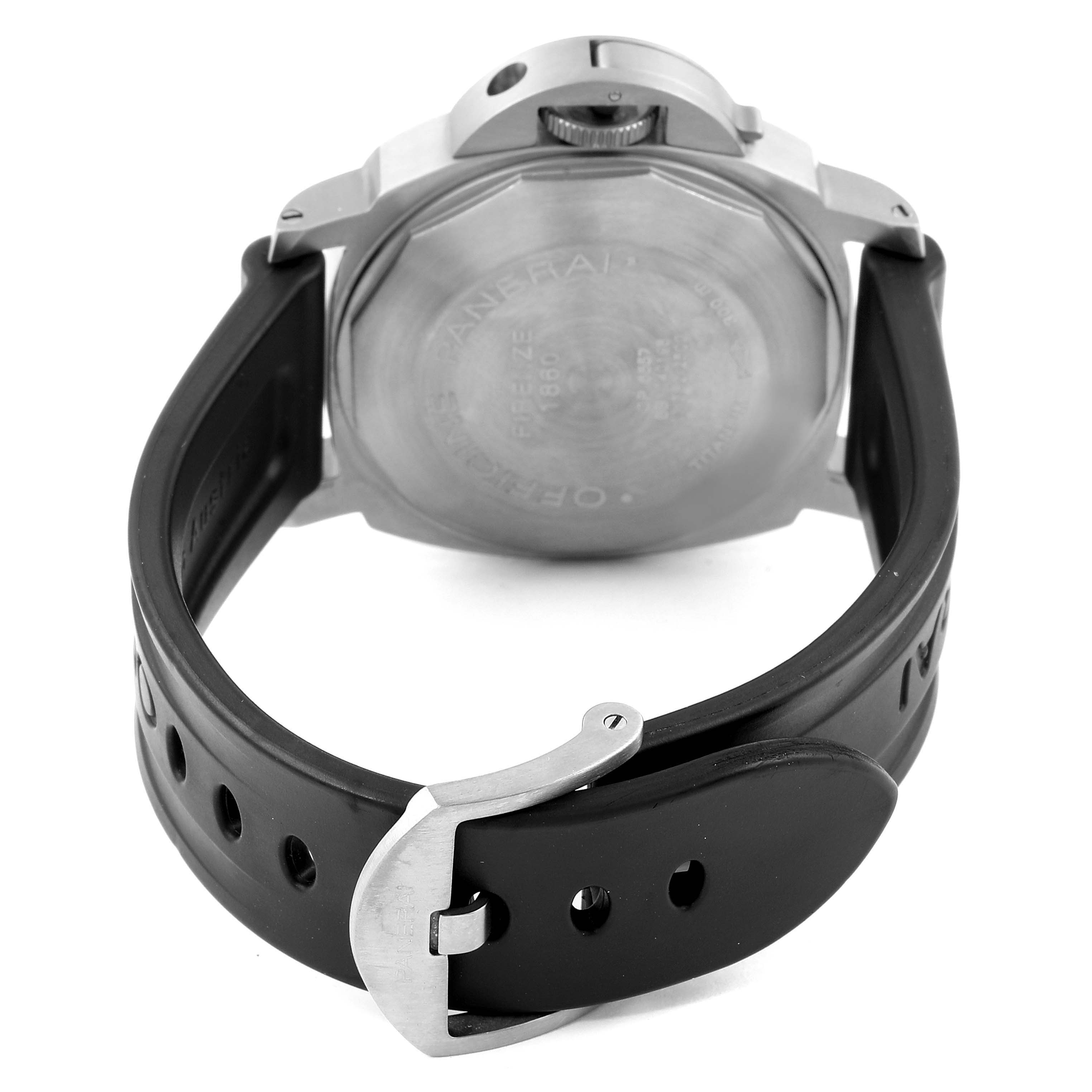 This image shows the backside and strap of a Panerai Luminor PAM00093 Men's Titanium Blue Dial PAM00093 Men's Titanium Blue Dial watch, highlighting the case back and the buckle of the black strap.