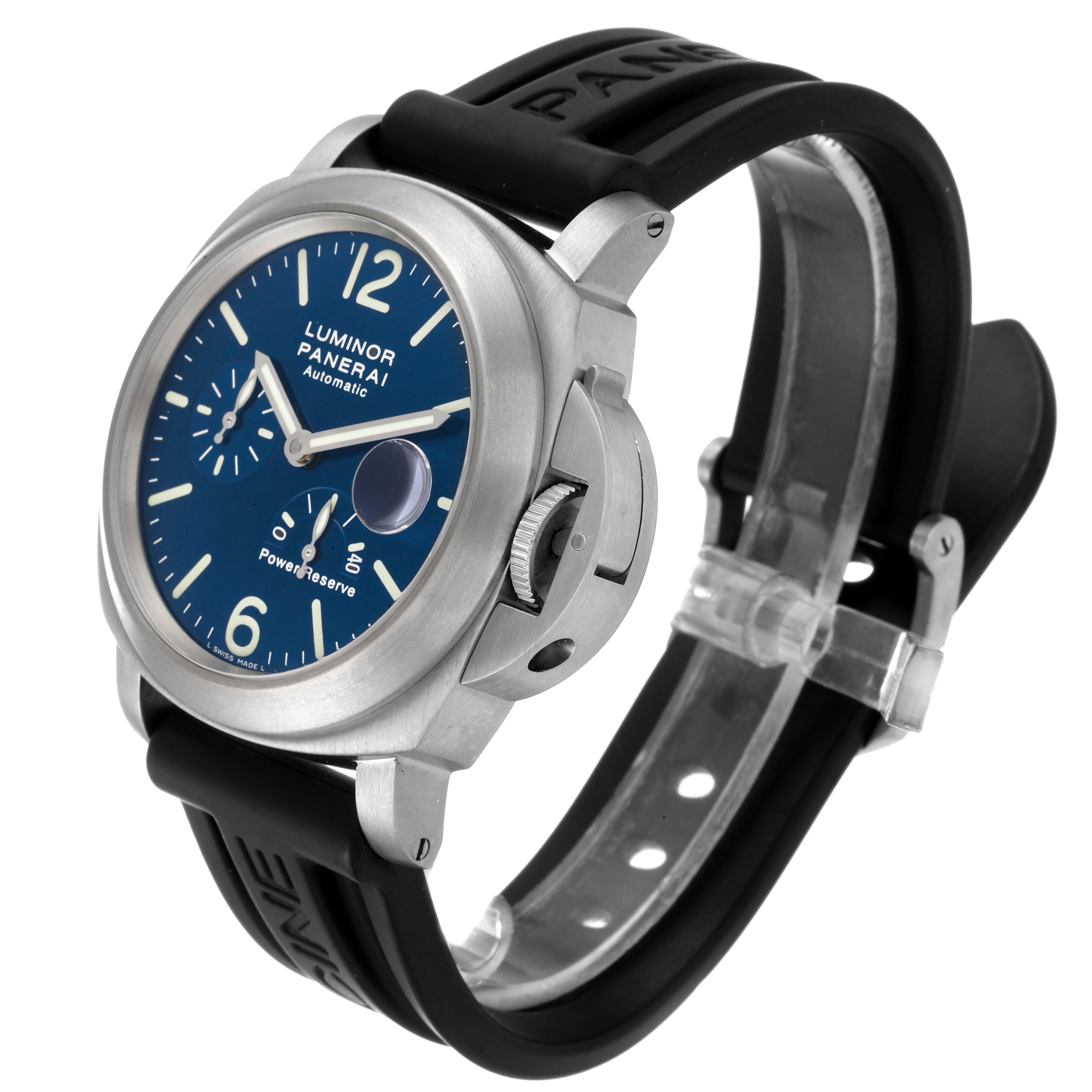 This image shows a Panerai Luminor PAM00093 Men's Titanium Blue Dial PAM00093 Men's Titanium Blue Dial watch at an angled side view, displaying its dial, crown, and strap.