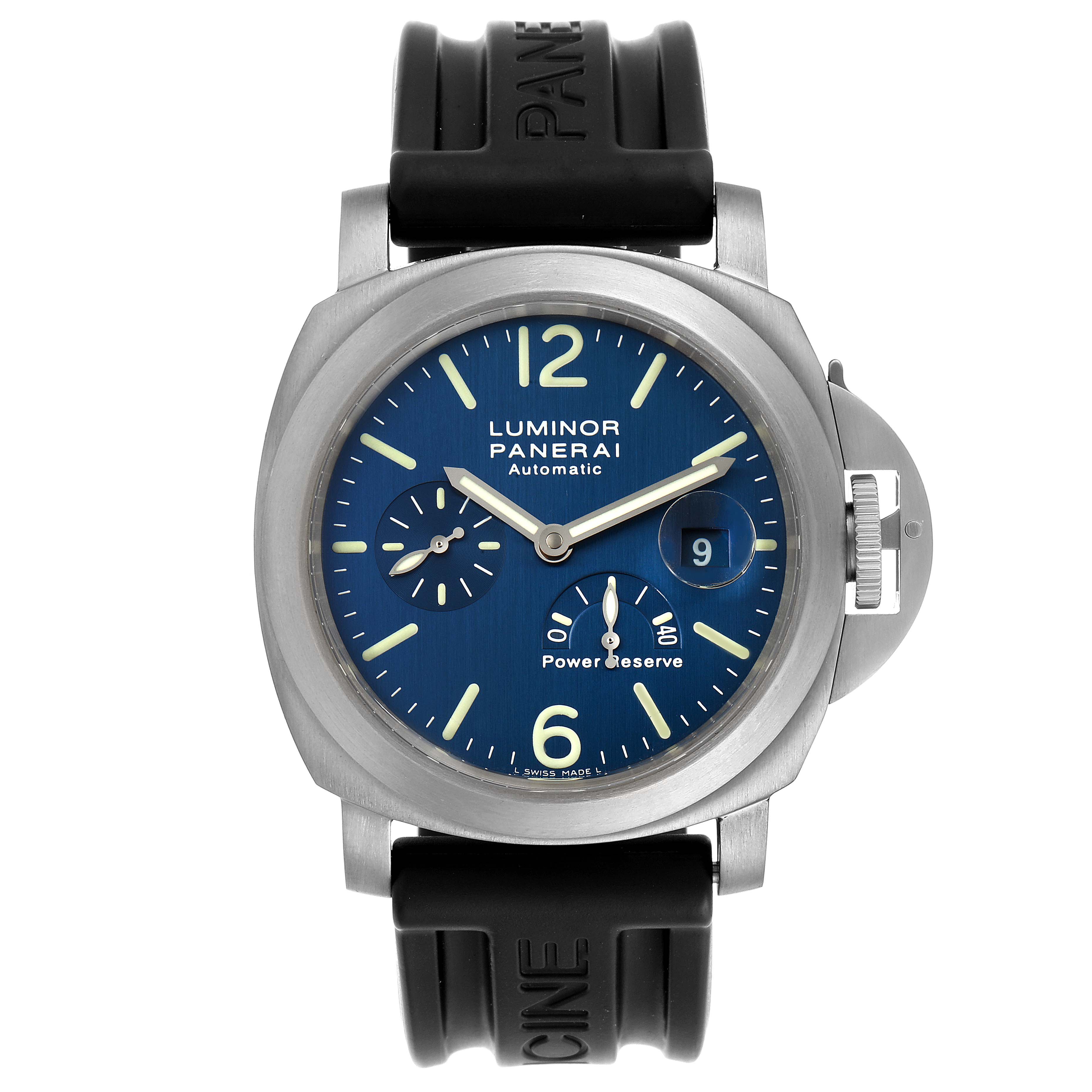 The image shows a front view of a Panerai Luminor PAM00093 Men's Titanium Blue Dial PAM00093 Men's Titanium Blue Dial watch, displaying the watch face, bezel, and rubber strap.