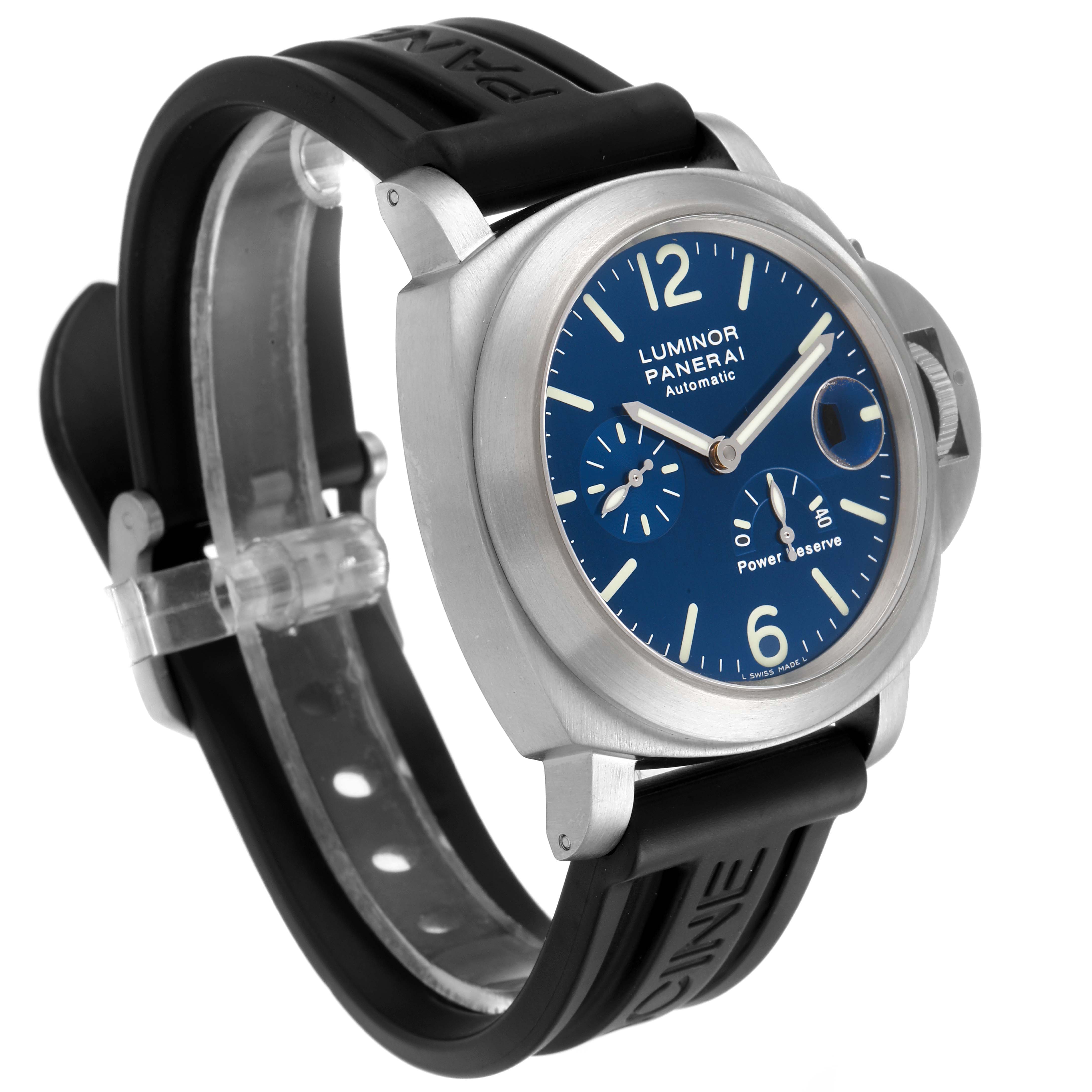 The Panerai Luminor PAM00093 Men's Titanium Blue Dial PAM00093 Men's Titanium Blue Dial watch is shown from a three-quarter angle highlighting its face, case, and black rubber strap.