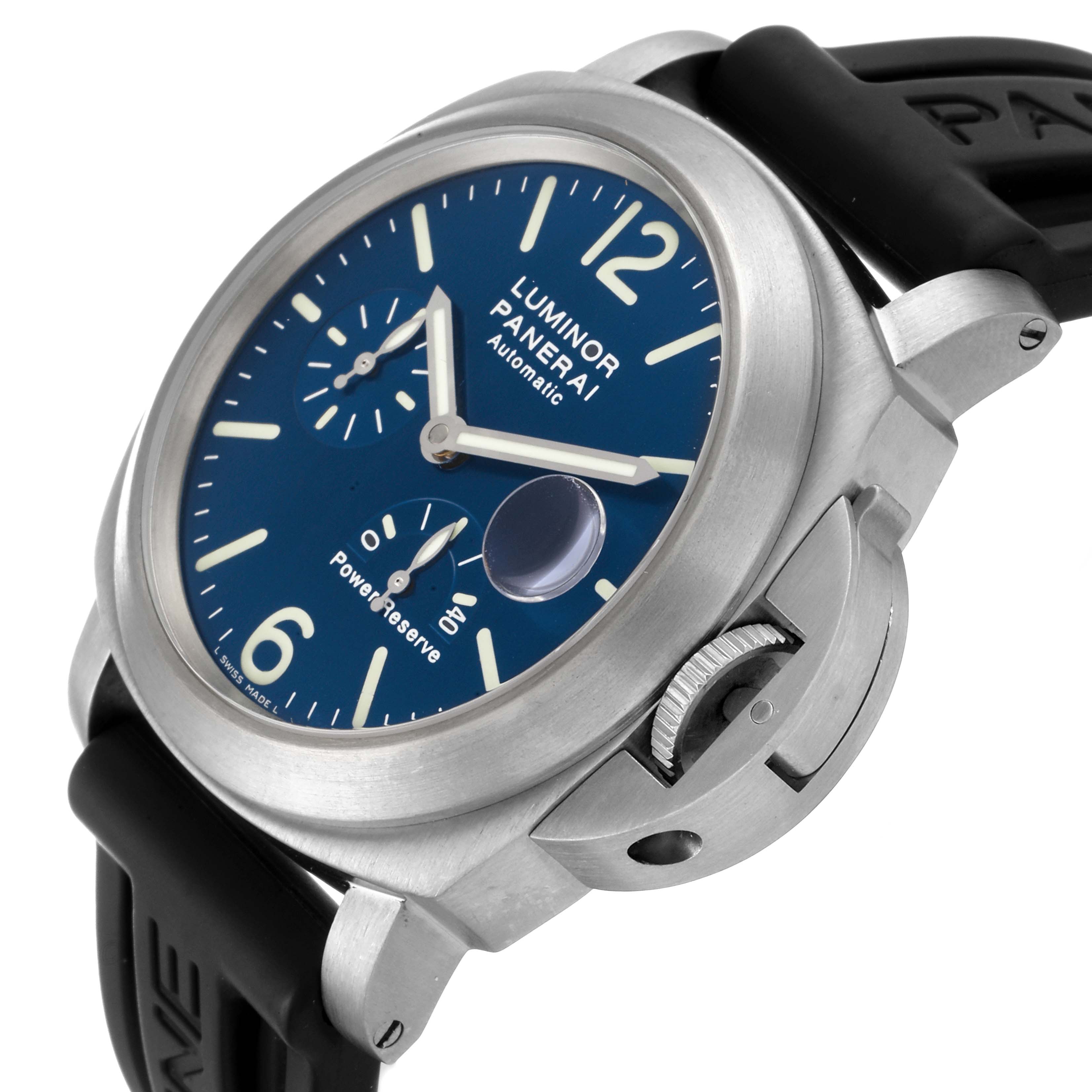 The Luminor Panerai watch is shown at a front angle, highlighting the dial, crown guard, and a portion of the strap.