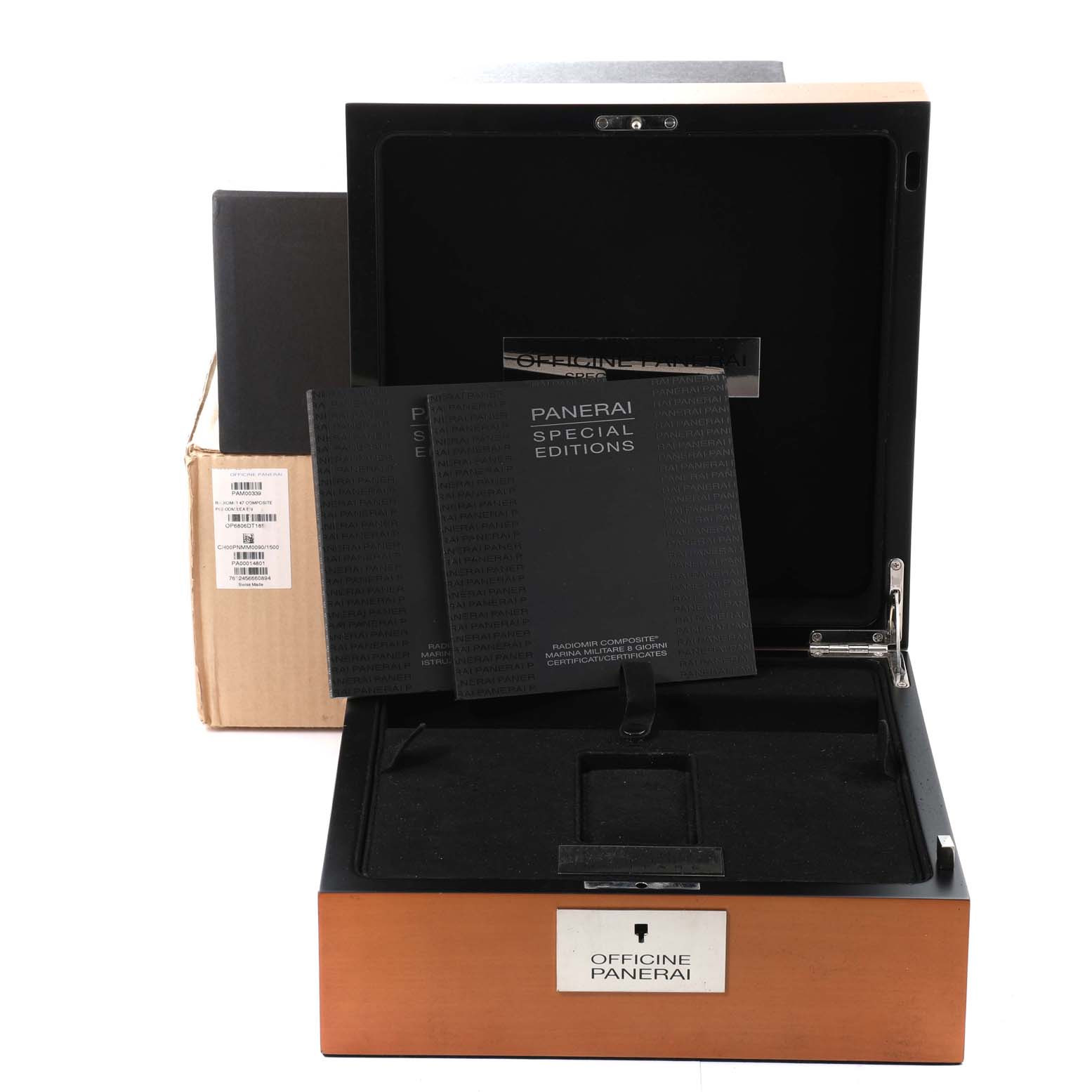 The image shows an open Panerai Radiomir PAM00339 Men
s Ceramic Brown Dial PAM00339 Men
s Ceramic Brown Dial watch box containing manuals and a display stand for the watch.