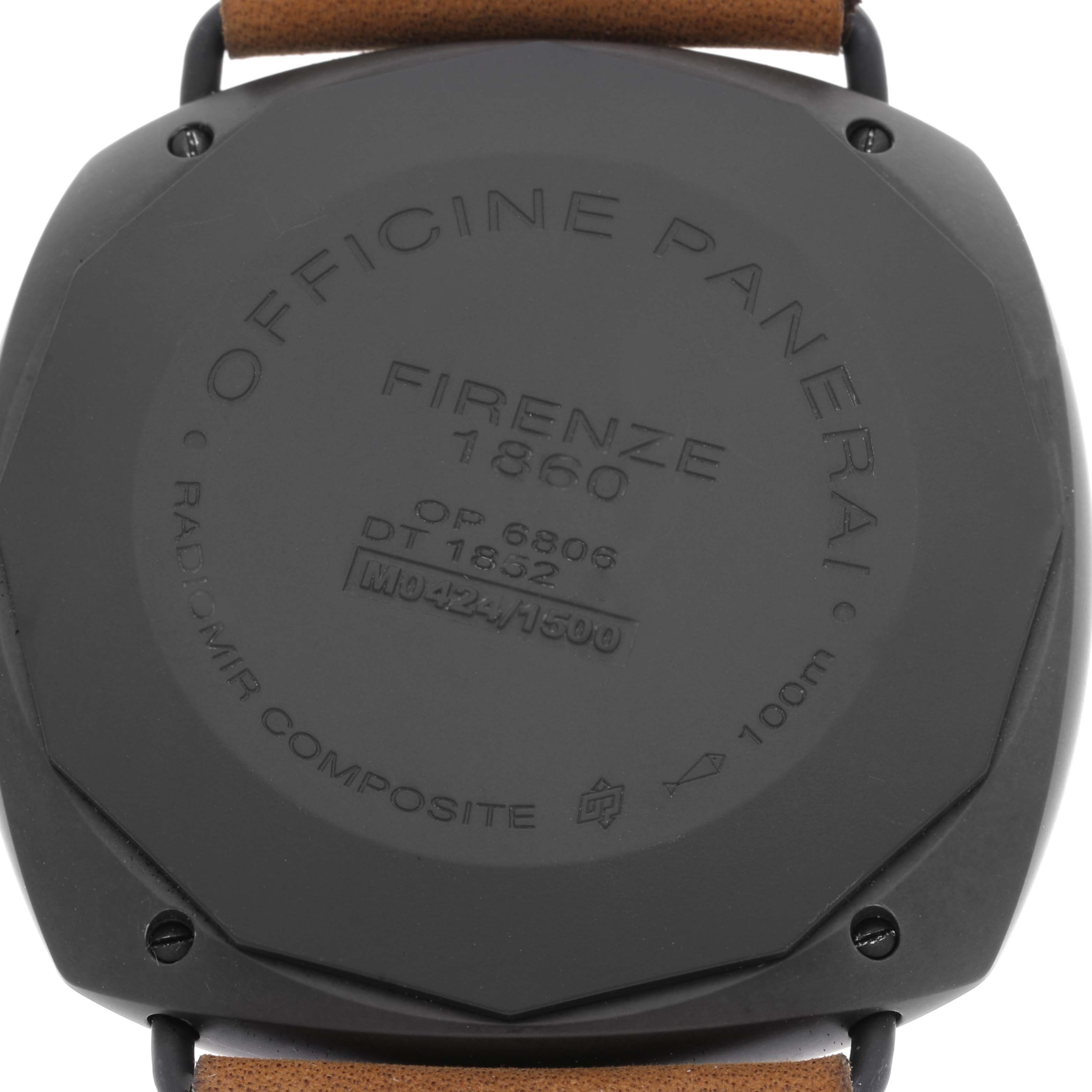 This image shows the back case of the Panerai Radiomir PAM00339 Men
s Ceramic Brown Dial PAM00339 Men
s Ceramic Brown Dial watch, highlighting the engraved details.
