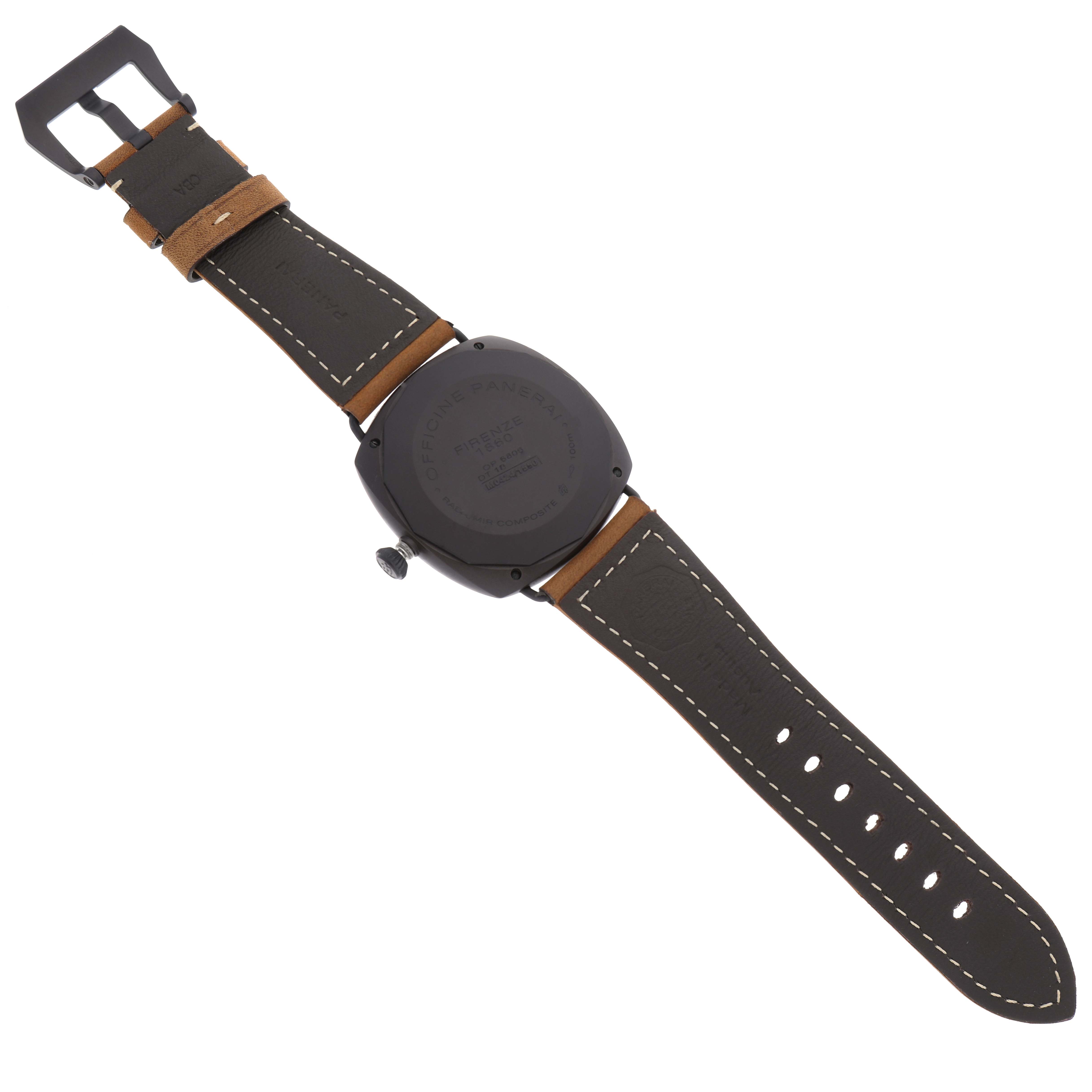 The image shows the back and strap of a Panerai Radiomir PAM00339 Men
s Ceramic Brown Dial PAM00339 Men
s Ceramic Brown Dial watch, highlighting its leather band and case back.