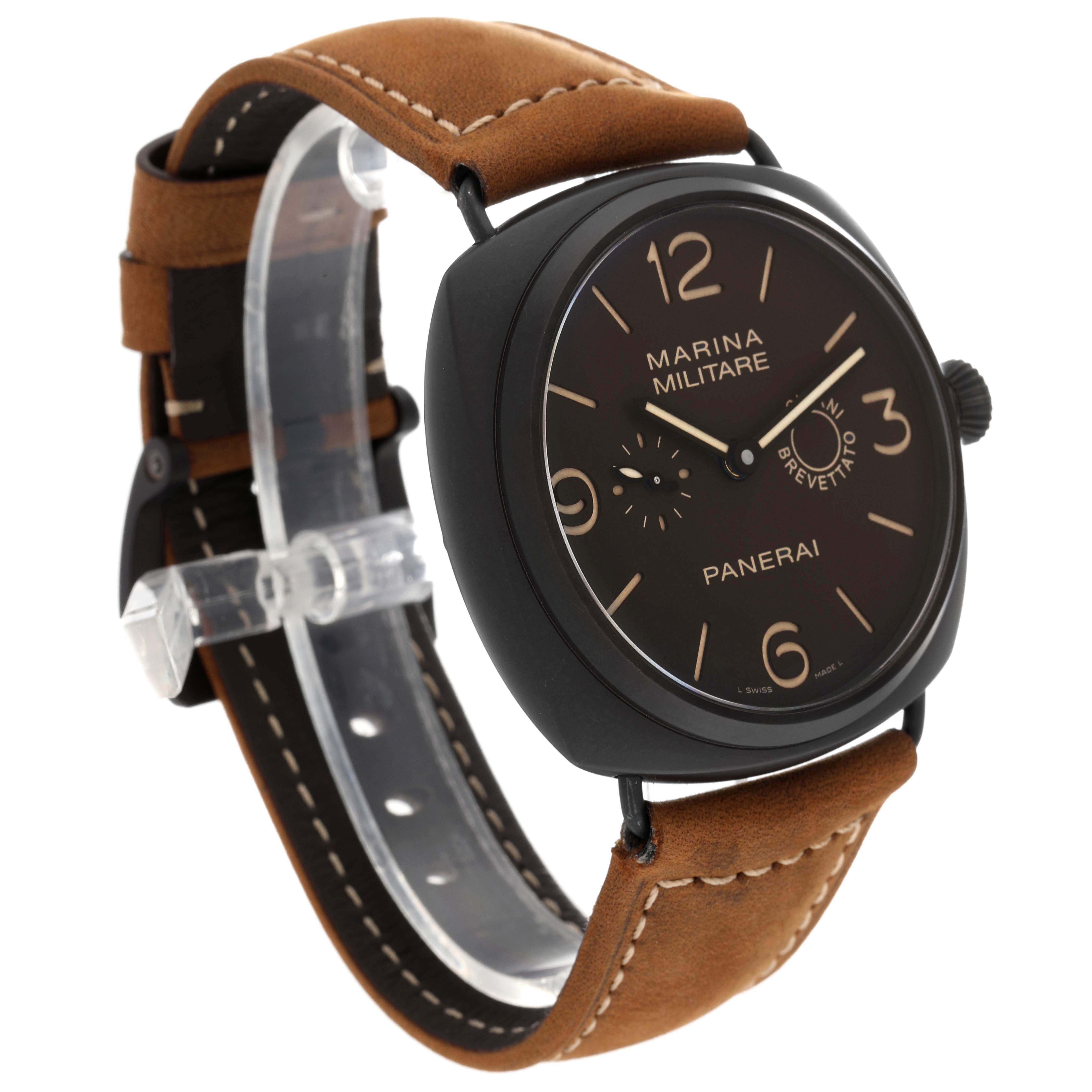 The image shows a Panerai Radiomir PAM00339 Men
s Ceramic Brown Dial PAM00339 Men
s Ceramic Brown Dial model watch at an oblique angle, displaying the face and leather strap.