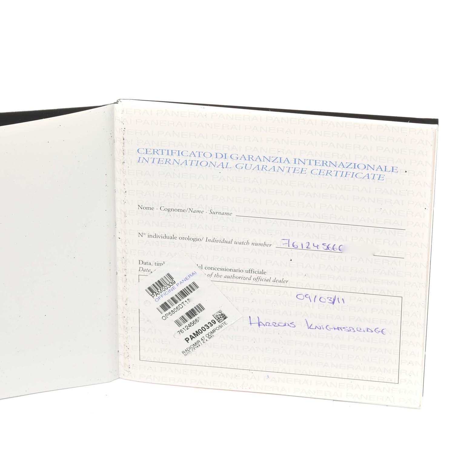 The image shows the International Guarantee Certificate for a Panerai Radiomir PAM00339 Men
s Ceramic Brown Dial PAM00339 Men
s Ceramic Brown Dial watch.