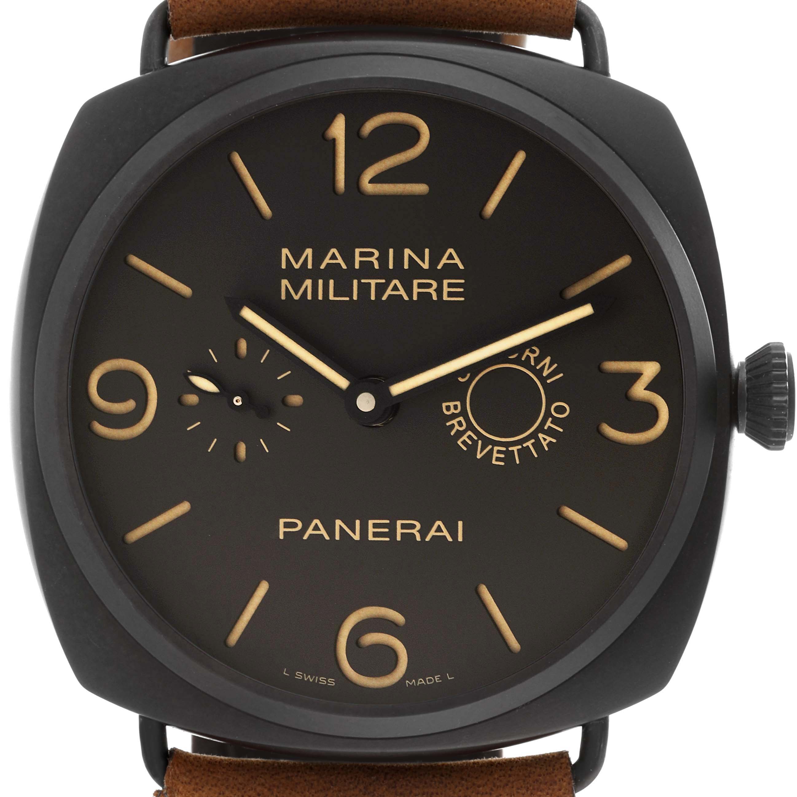 The image shows a front view of the Panerai Radiomir PAM00339 Men
s Ceramic Brown Dial PAM00339 Men
s Ceramic Brown Dial watch, showcasing its dial, hands, numerals, and crown.