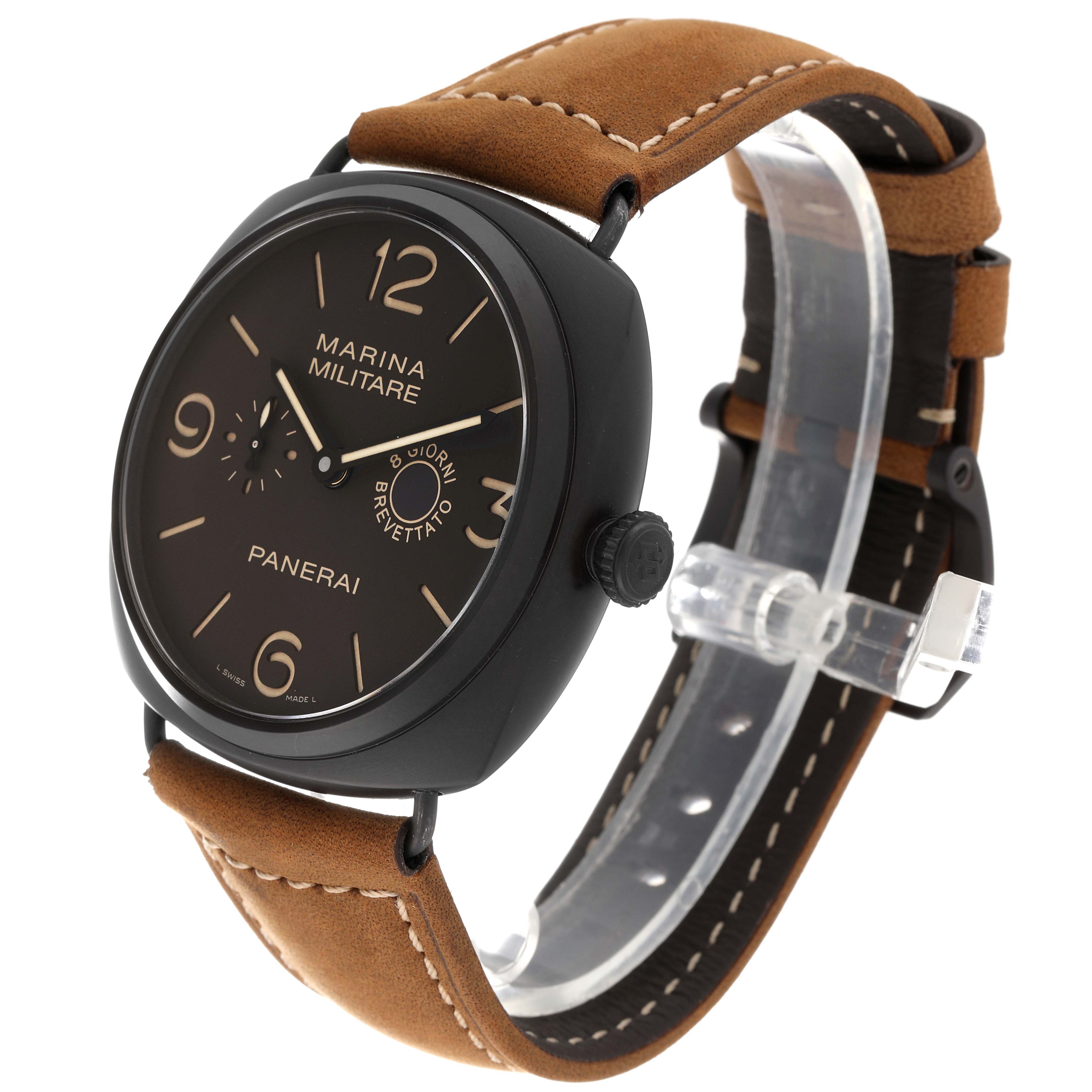The Panerai Radiomir PAM00339 Men
s Ceramic Brown Dial PAM00339 Men
s Ceramic Brown Dial watch is shown at a three-quarter angle, highlighting its black dial, brown leather strap, and crown.
