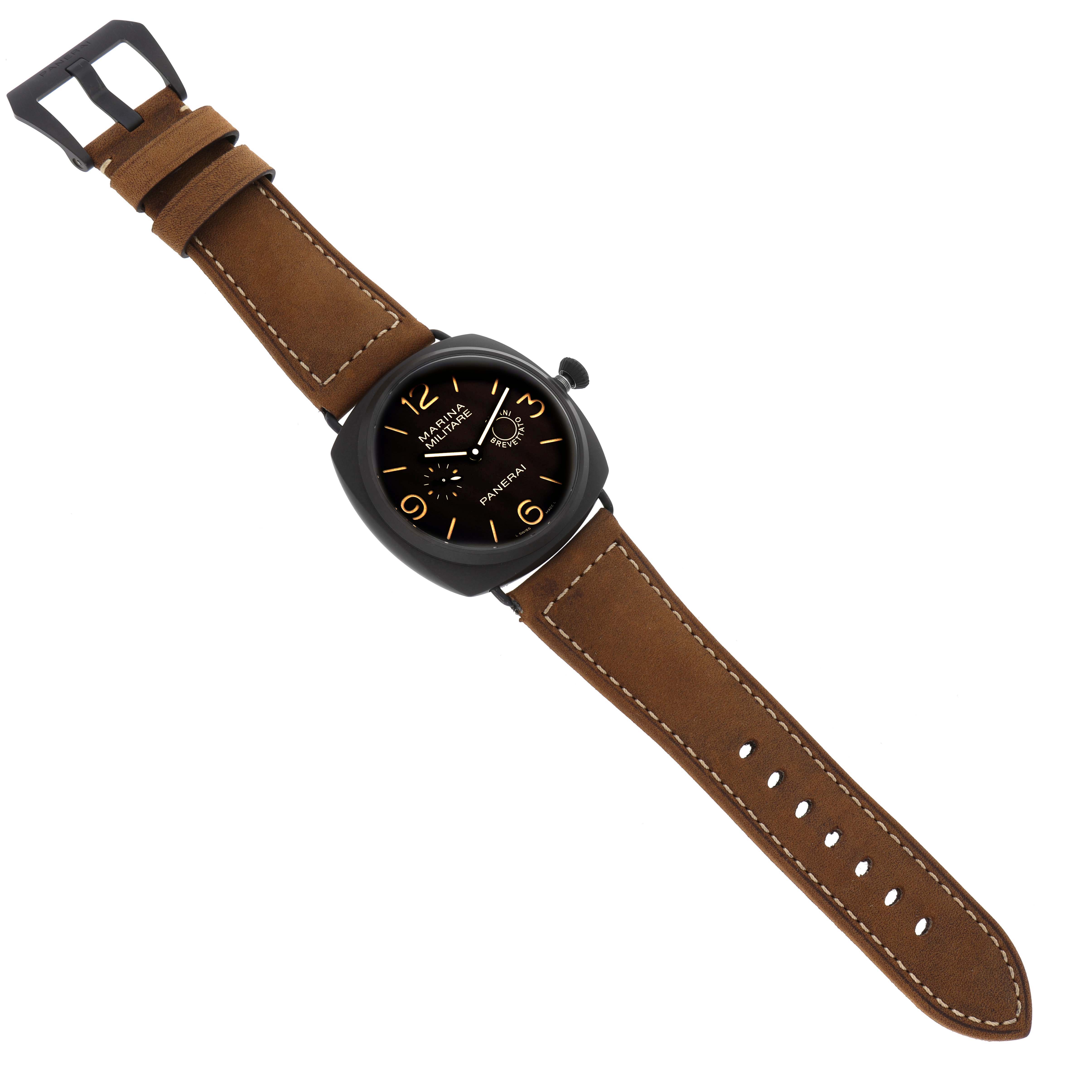 The Panerai Radiomir PAM00339 Men
s Ceramic Brown Dial PAM00339 Men
s Ceramic Brown Dial watch is shown from a top-down angle, displaying its brown leather strap and black dial.