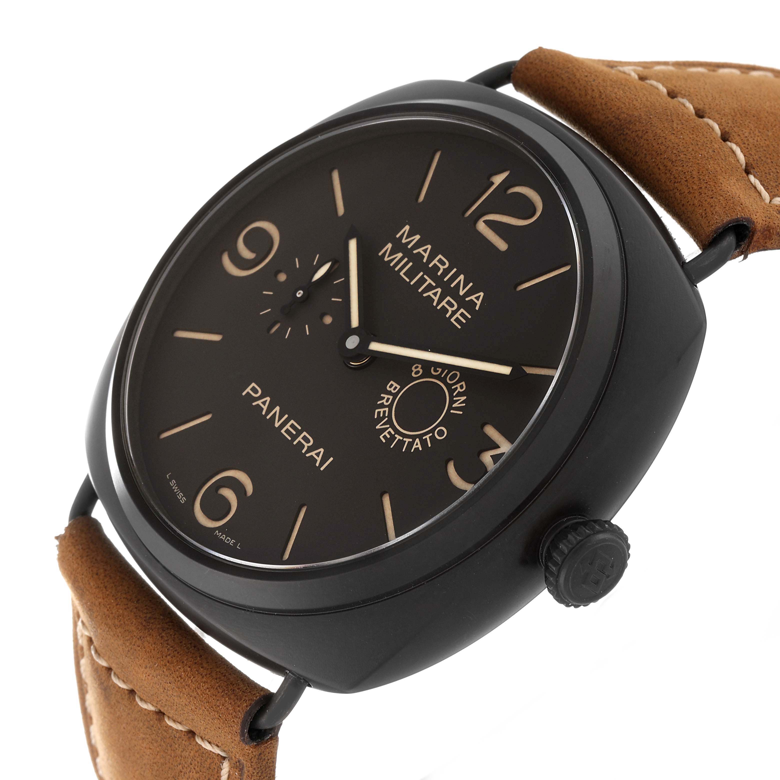 The image shows a close-up angled view of the Panerai Radiomir PAM00339 Men
s Ceramic Brown Dial PAM00339 Men
s Ceramic Brown Dial watch, highlighting its dial, crown, and leather strap.