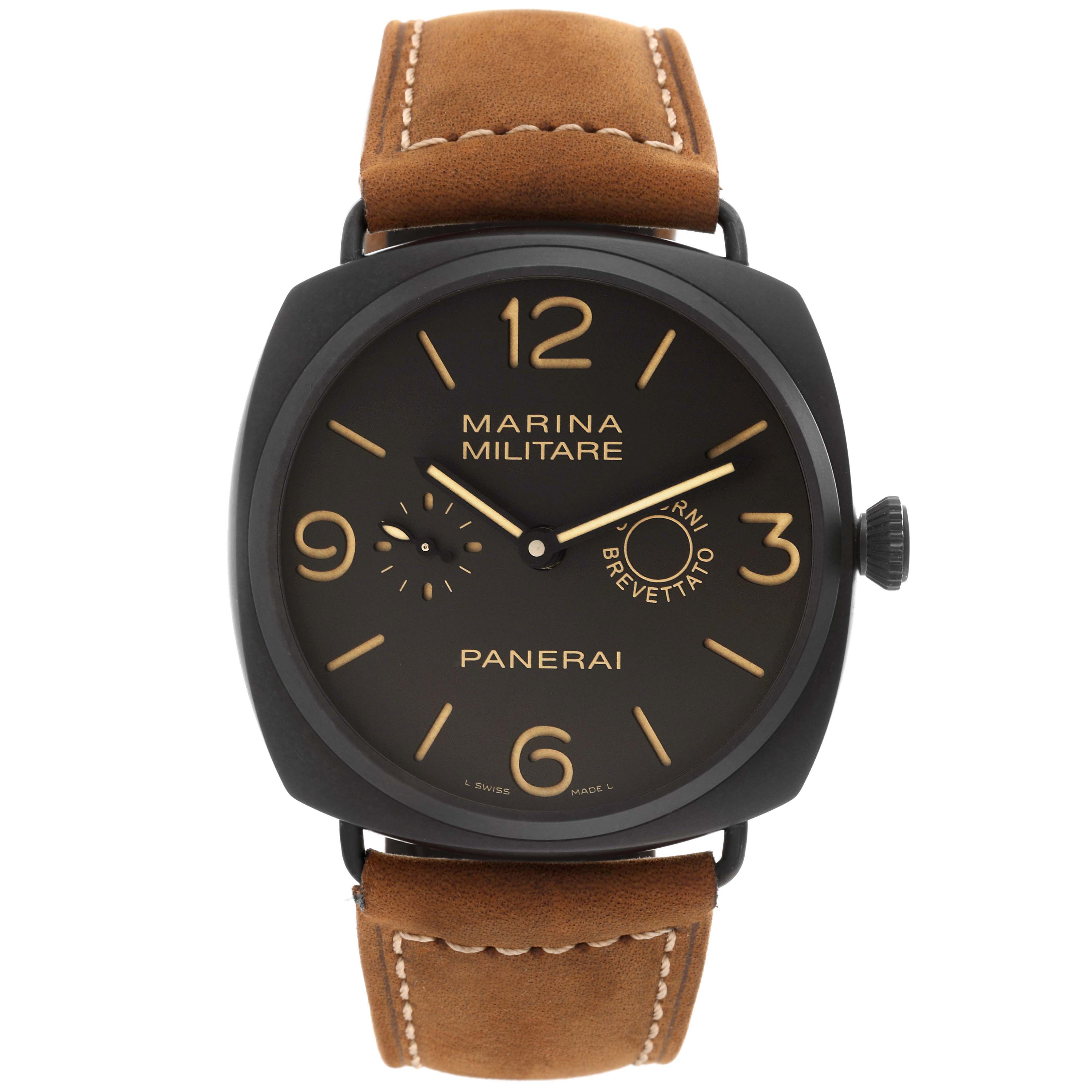 The image shows the Panerai Radiomir PAM00339 Men
s Ceramic Brown Dial PAM00339 Men
s Ceramic Brown Dial Marina Militare watch from a front angle, displaying its face and brown leather strap.
