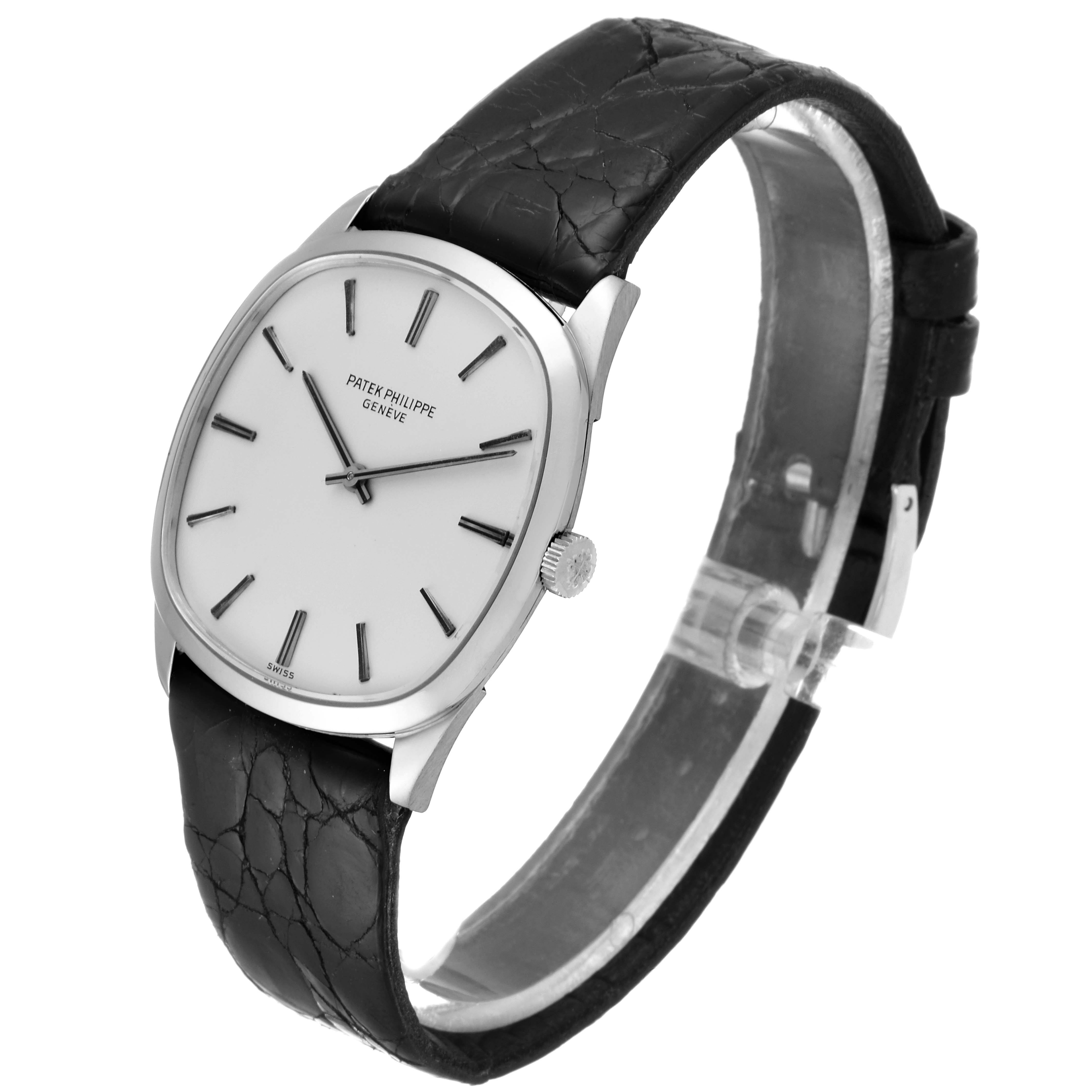 The image shows a side-angle view of a Patek Philippe Vintage 3544 Men's Stainless Steel Silver Dial 3544 Men's Stainless Steel Silver Dial watch, highlighting its face, case, strap, and crown.